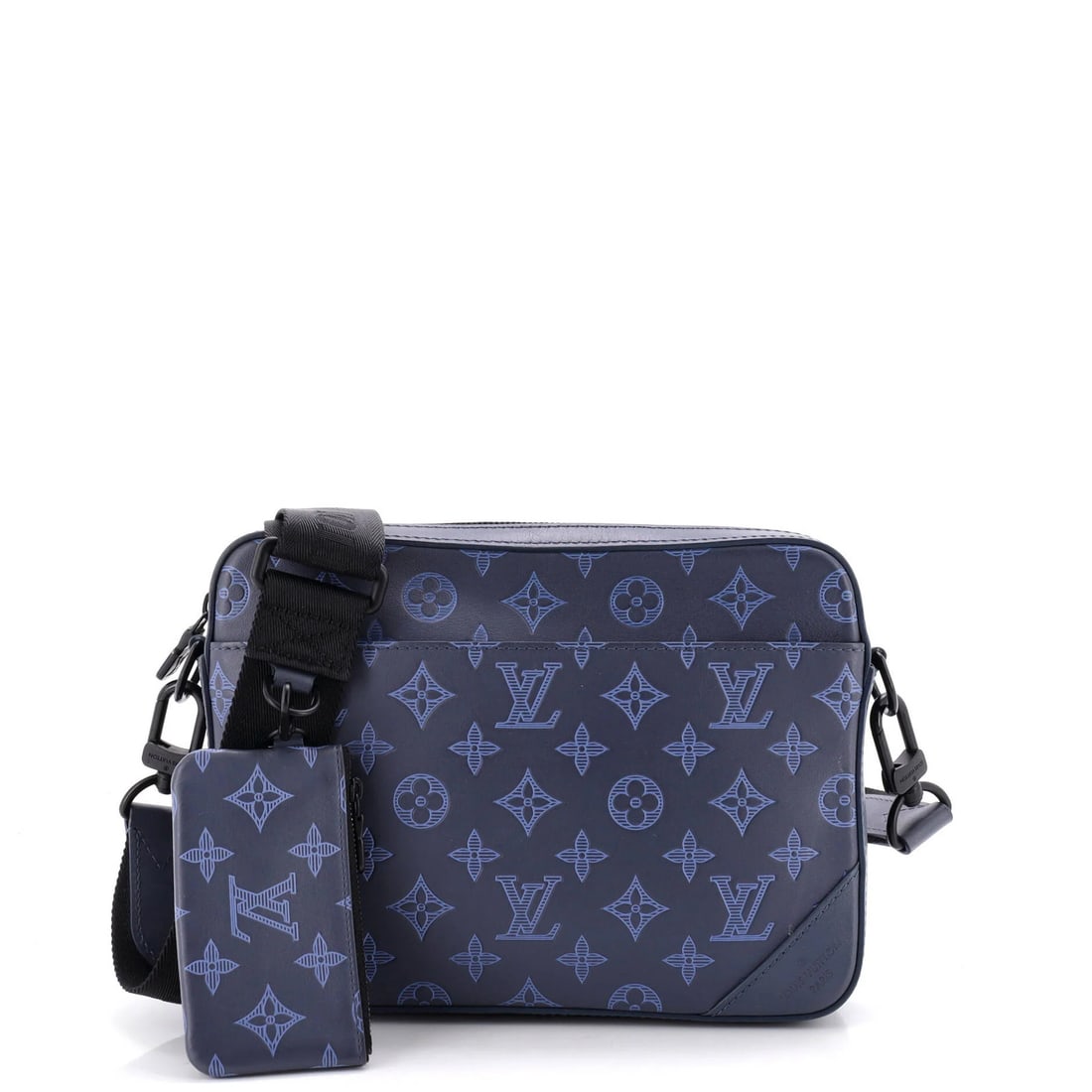 Monogram Shadow Leather Messenger Bag Louis Vuitton: Monogram Shadow Leather Messenger Bag Louis Vuitton Blue Monogram Shadow Leather Messenger Bag with Pochette, featuring scuffed exterior, minor creases on handles and straps, and scratch on hardware.