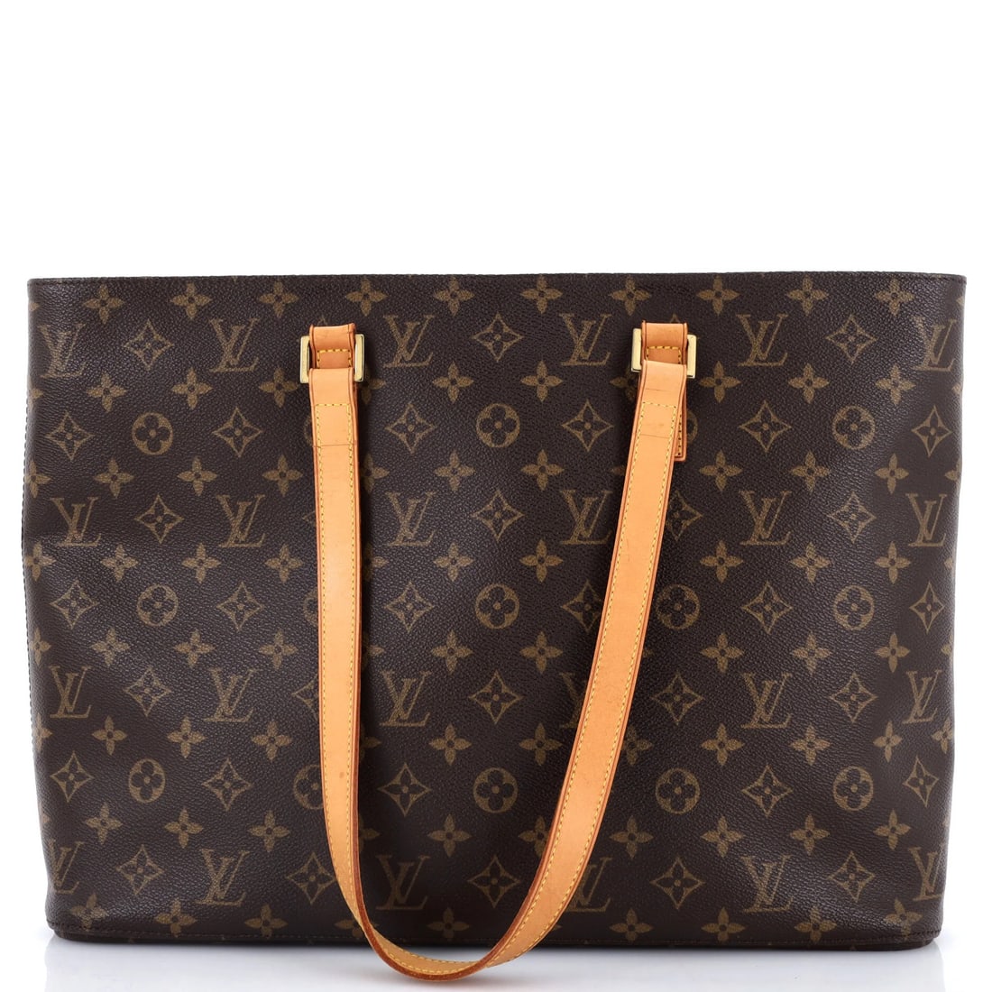 Luco Handbag Monogram Louis Vuitton: Luco Handbag Monogram Louis Vuitton Brown Luco Handbag Monogram Louis Vuitton, featuring a classic canvas-coated exterior with a timeless monogram pattern, measures 12" tall and 15.5" wide. The