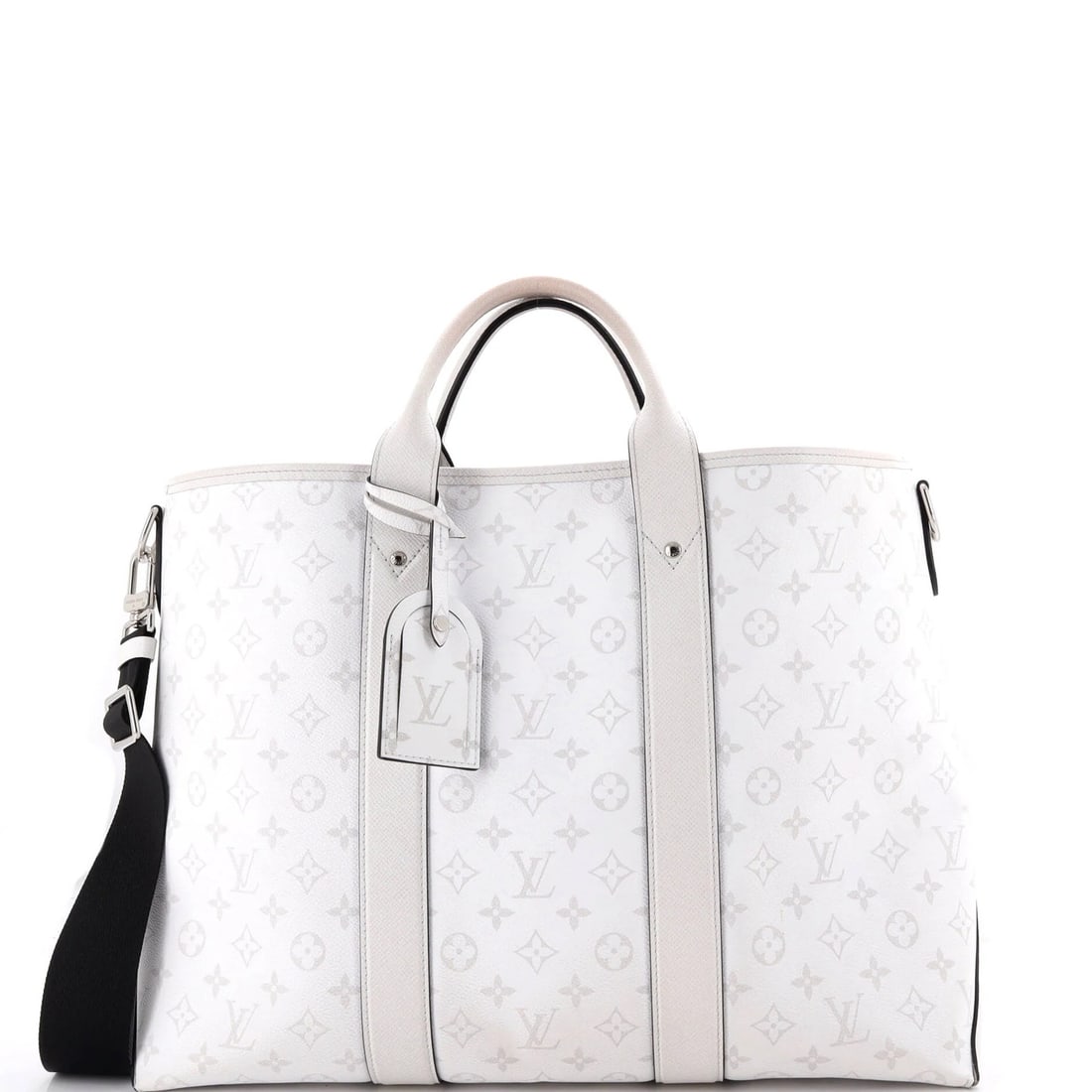 Louis Vuitton Taigarama Monogram NM Weekend Tote: Louis Vuitton Taigarama Monogram NM Weekend Tote The Louis Vuitton Taigarama Monogram NM Weekend Tote is a stylish and versatile canvas-coated tote with a classic white exterior and black interior.
