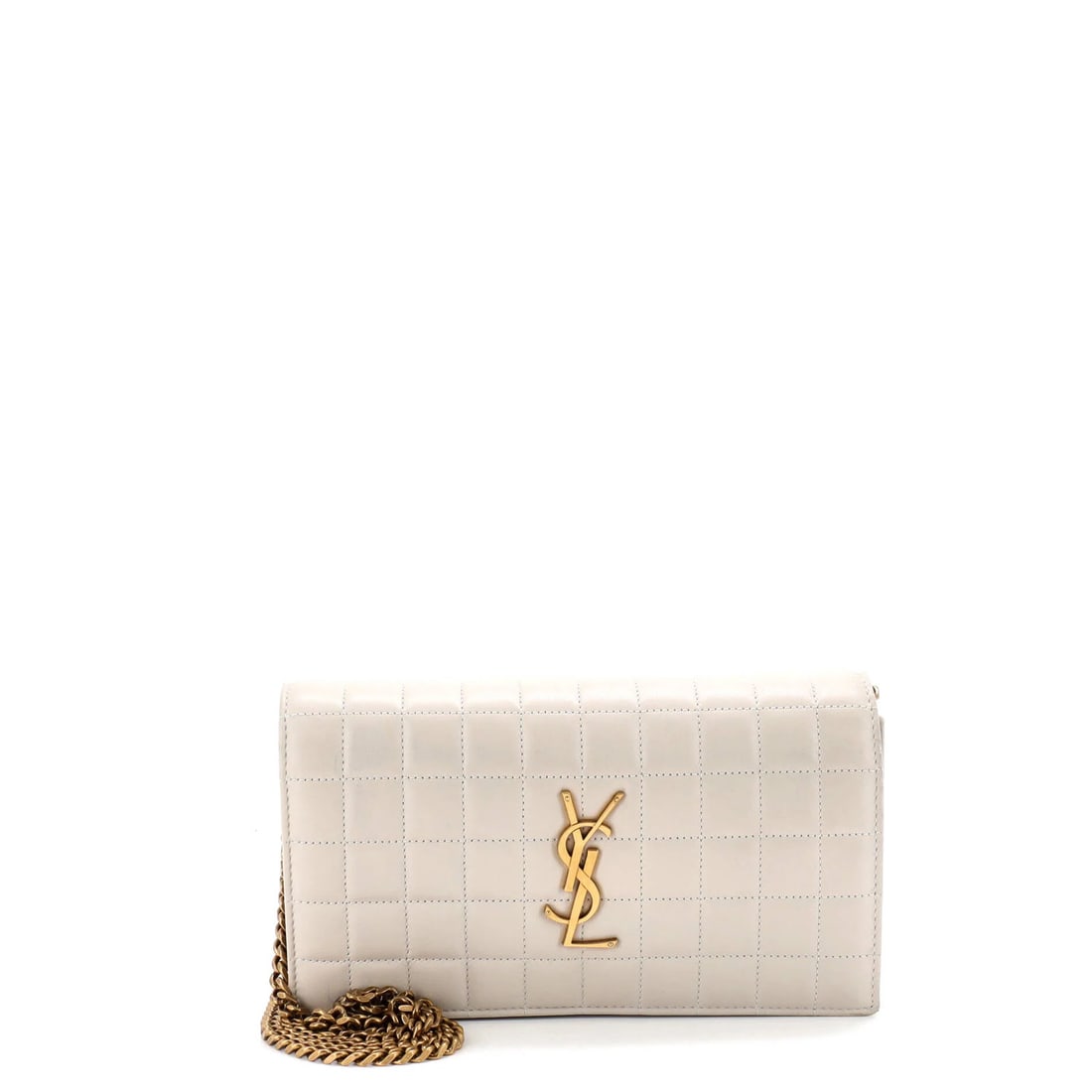 Quilted Leather Wallet Medium Chain Saint Laurent Cassandre: Quilted Leather Wallet Medium Chain Saint Laurent Cassandre Quilted Leather Wallet Medium Chain Cassandre features a neutral exterior with scuffs and minor edge wear, while the interior boasts black