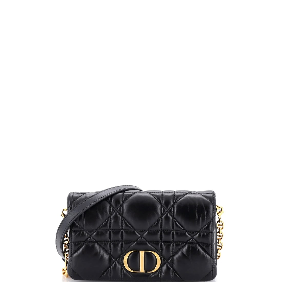Caro Flap Pouch with Macrocannage Quilt Calfskin Mini for Christian Dior: Caro Flap Pouch with Macrocannage Quilt Calfskin Mini for Christian Dior The Caro Flap Pouch with Macrocannage Quilt Calfskin Mini from Christian Dior boasts a sleek black leather exterior, adorned