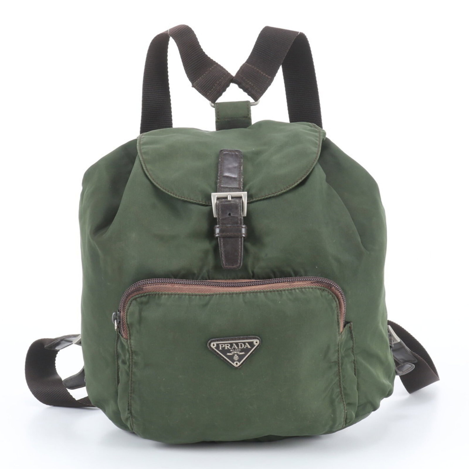 Backpack Nylon Leather Prada: Backpack Nylon Leather Prada Prada Country backpack in brown, green, and khaki hues, crafted from a combination of leather and nylon materials, measures 26cm x 29cm x 13cm. The bag's classic design