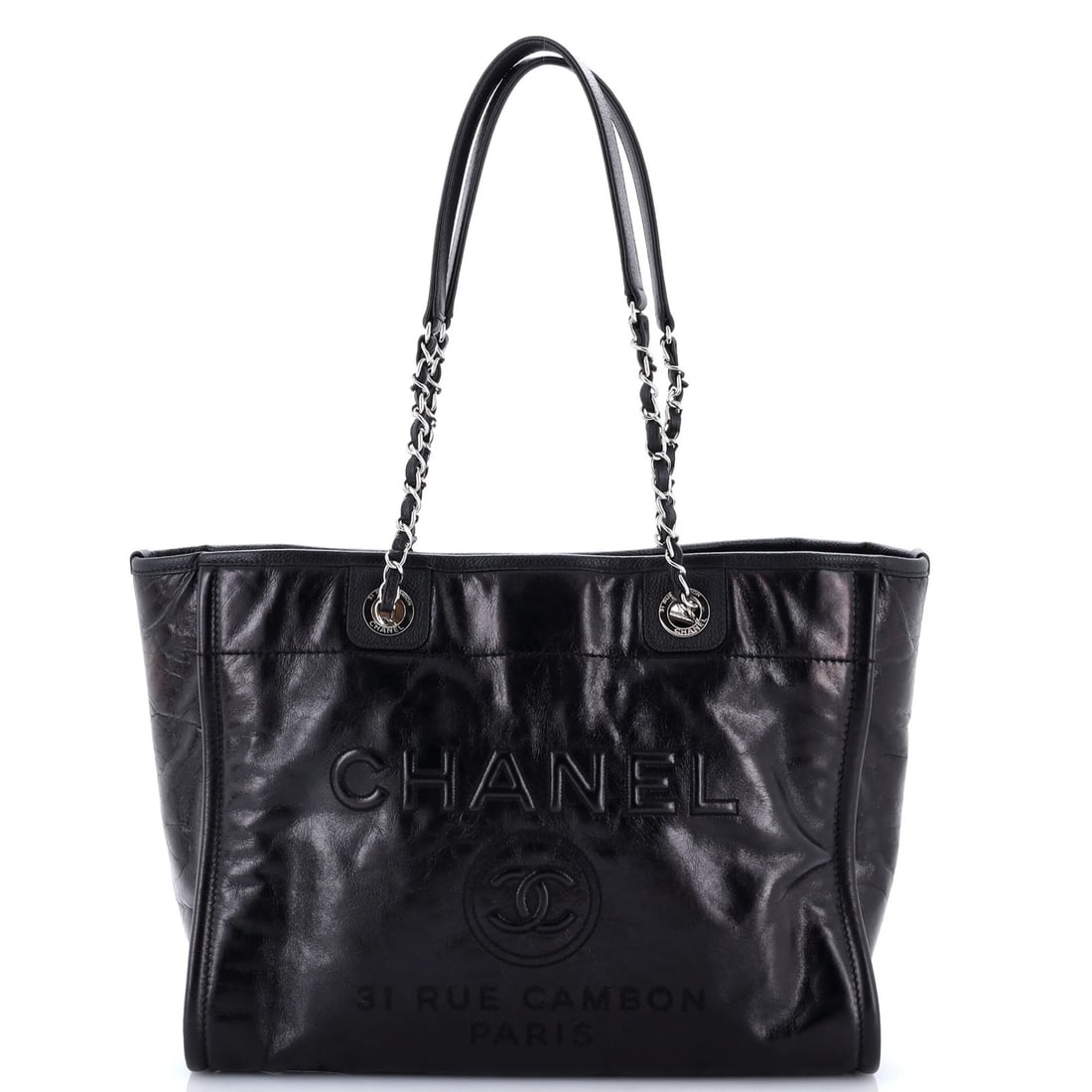 Calfskin Glazed Tote Chanel Small: Calfskin Glazed Tote Chanel Small Small Deauville Tote Glazed Calfskin in Black features a classic Chanel design with a glazed calfskin exterior, adding a touch of sophistication to any outfit. The