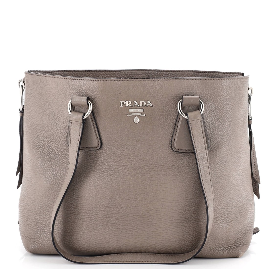 Vitello Daino Large Prada Tote Shopper Side: Vitello Daino Large Prada Tote Shopper Side Gray Vitello Daino Large Prada Tote Shopper Side Bag with Leather Exterior, Black Fabric Interior, and Silver Hardware, featuring a side zip shopper