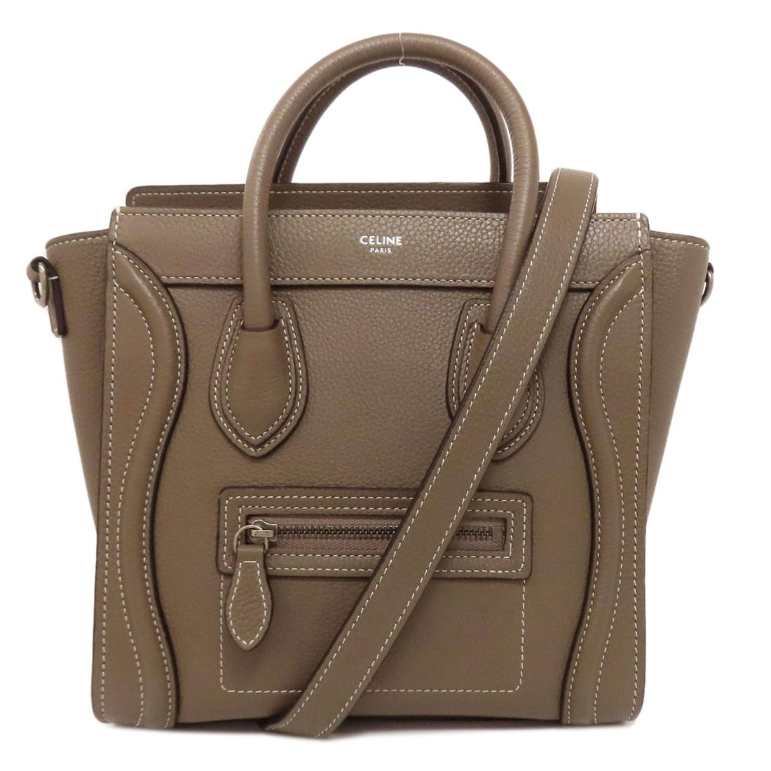 Nano Calf Luggage Celine 2 Way Handbag: Nano Calf Luggage Celine 2 Way Handbag Celine's Nano Calf Luggage Handbag boasts a sleek, brown calf exterior with a zip closure, measuring 8.7 inches in height and 3.9 inches in depth. The