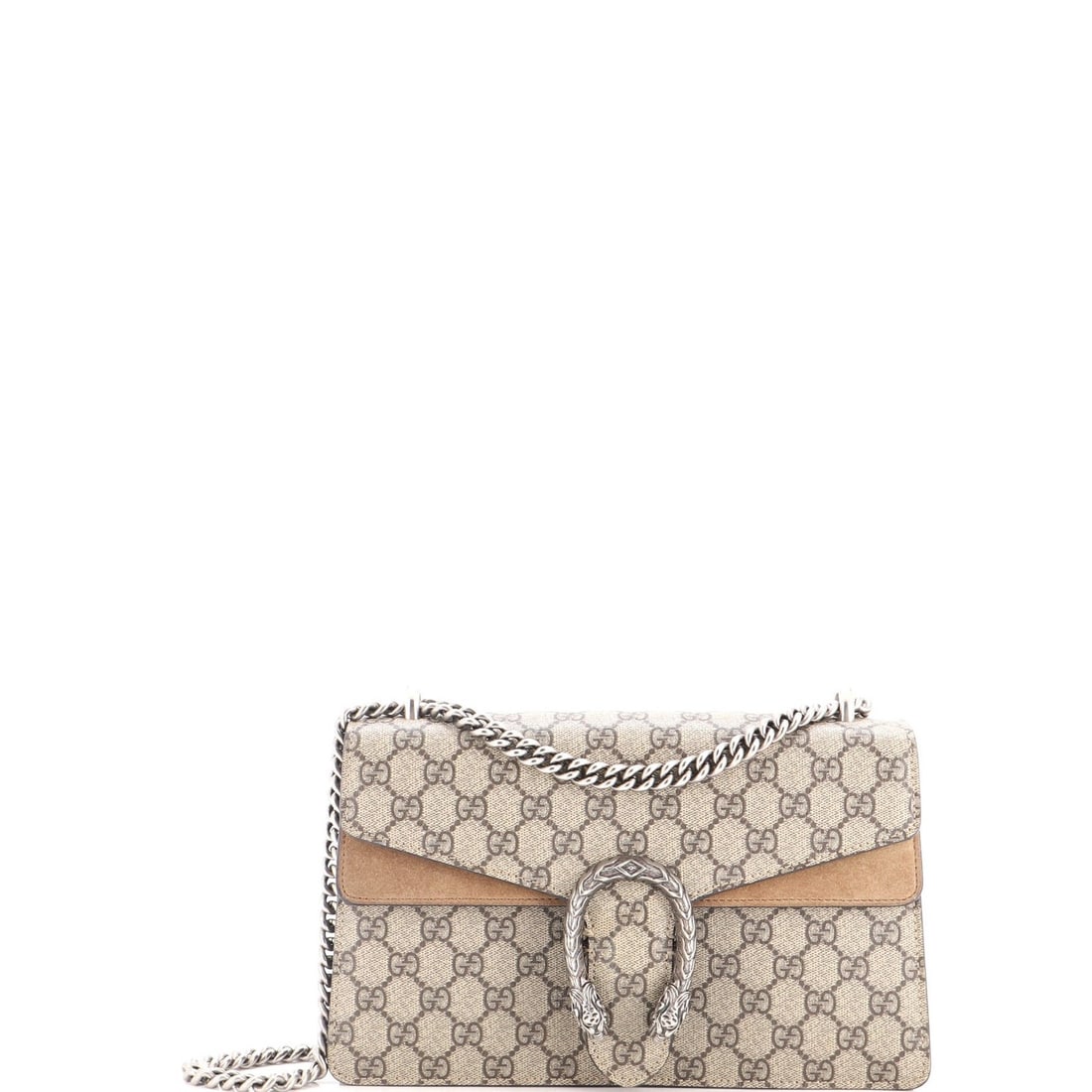Small coated canvas bag GG Gucci Dionysus: Small coated canvas bag GG Gucci Dionysus Small GG Gucci Dionysus bag in brown coated canvas, featuring a silver buckle and suede interior, with a signature on the interior. The bag has a small size,