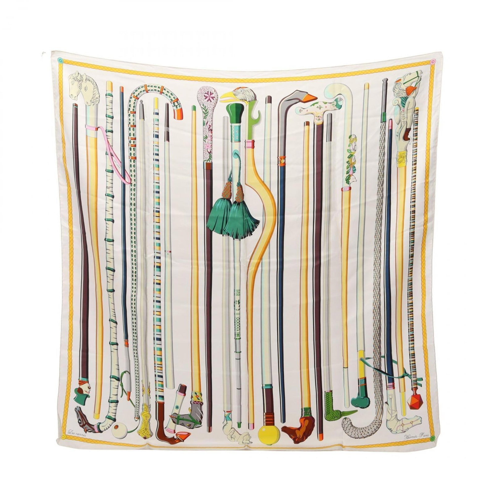 Silk Hermes Scarf: Silk Hermes Scarf Silk from the renowned French fashion house, this 89cm x 89cm multi-color, white silk scarf is a statement piece. Crafted from high-quality silk, its vibrant colors and elegant desig