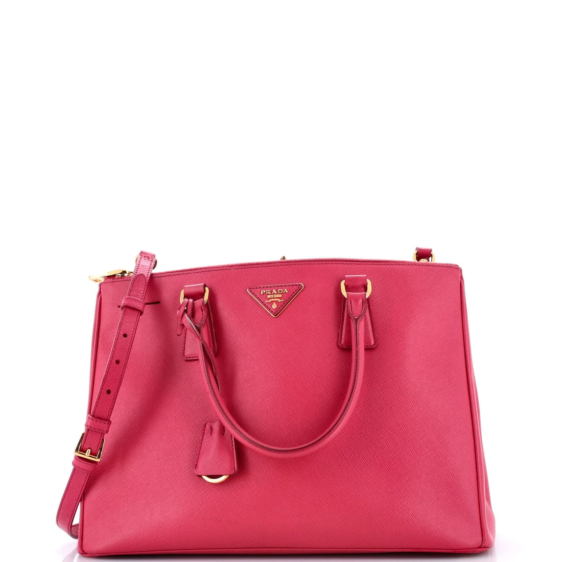 Saffiano Leather Lux Prada Double Medium Tote Zip: Saffiano Leather Lux Prada Double Medium Tote Zip Pink Saffiano Leather Lux Prada Double Medium Tote Zip, featuring a classic double zip closure and spacious interior, measures 9.5" tall, 13.5" wide,
