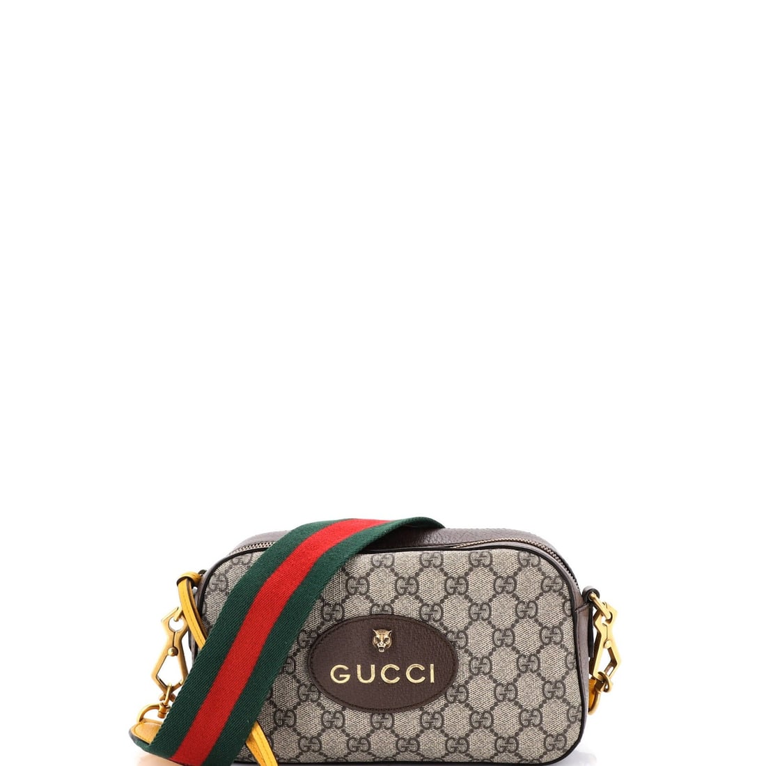 Coated Canvas GG Gucci Messenger Bag Vintage Neo Camera: Coated Canvas GG Gucci Messenger Bag Vintage Neo Camera Brown canvas coated GG Gucci Neo Vintage Camera Messenger Bag with neutral interior and aged gold hardware, featuring minor scuffs, creases, and