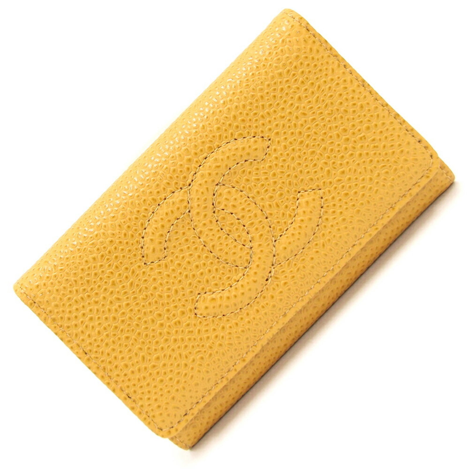 Calfskin Grained Keycase Chanel: Calfskin Grained Keycase Chanel Yellow Calfskin Grained Keycase by Chanel, 6.5cm x 10.5cm, comes with box and guarantee card. This keycase features a unique yellow color and is made from high-quality