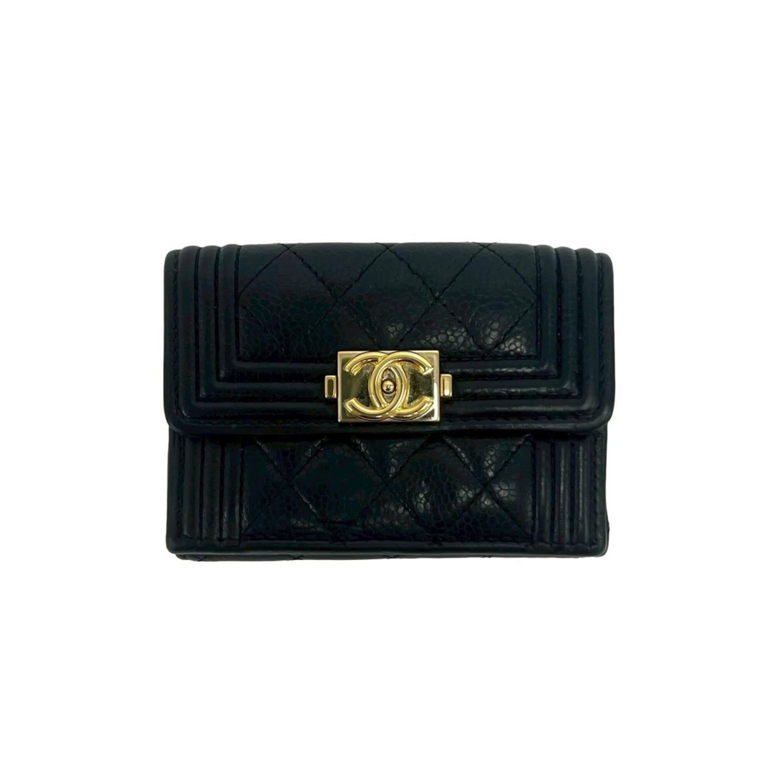 Chanel Wallet (Tri-Fold) Grained Calfskin: Chanel Wallet (Tri-Fold) Grained Calfskin Black Grained Calfskin Tri-Fold Wallet from Chanel. Made from high-quality Grained Calfskin, this tri-fold wallet features a classic design with clean lines