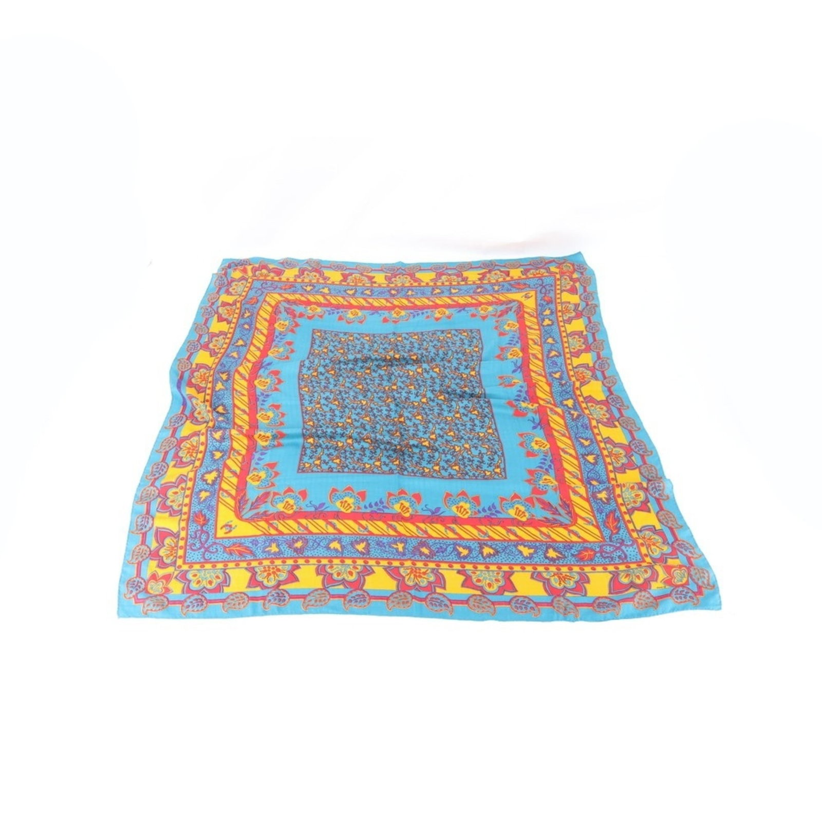 Hermes Scarf: Hermes Scarf This vibrant blue, orange, and yellow Herm?s scarf measures 1.3m x 1.3m, offering a unique and eye-catching design. The scarf's size and color combination make it a standout accessory