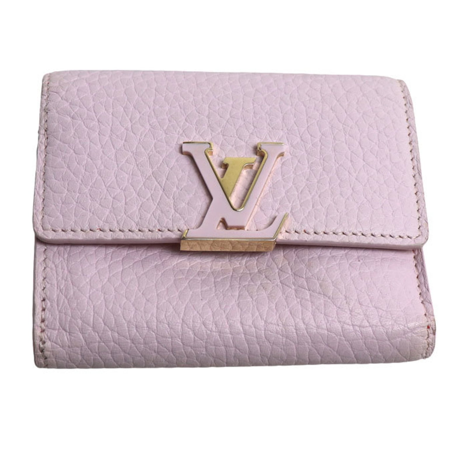 Louis Vuitton Wallet (Tri-Fold) Leather: Louis Vuitton Wallet (Tri-Fold) Leather Tri-fold leather wallet from Louis Vuitton, crafted with Taurillon leather in pink. Measuring 8cm x 10cm x 2cm, this stylish wallet features a classic tri-fold 
