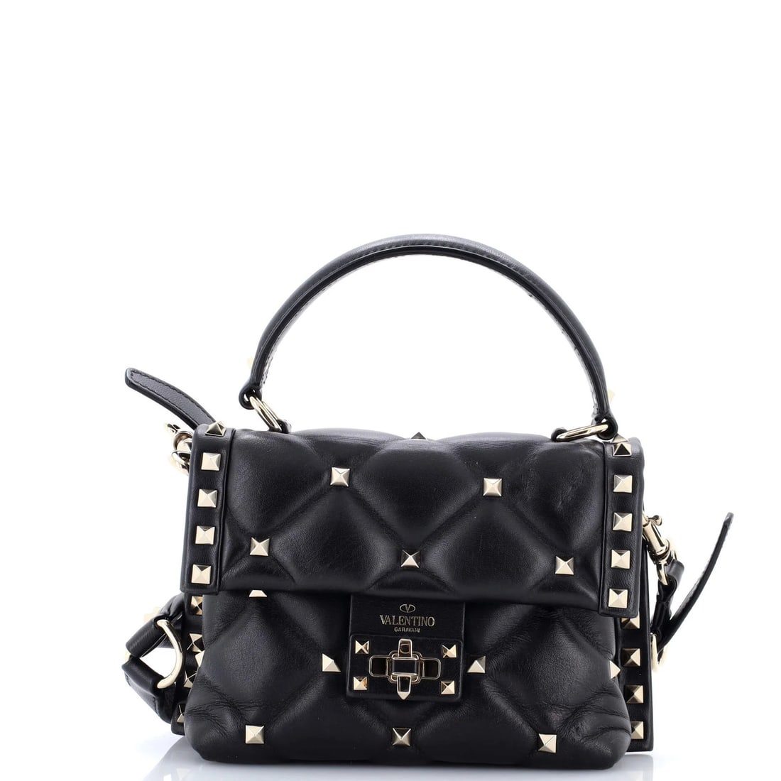 Garavani Valentino Mini Leather Top Handle Bag Candystud: Garavani Valentino Mini Leather Top Handle Bag Candystud Black leather mini top handle bag with gold tone hardware, featuring a candystud design. This mini Candystud top handle bag from Valentino Gara