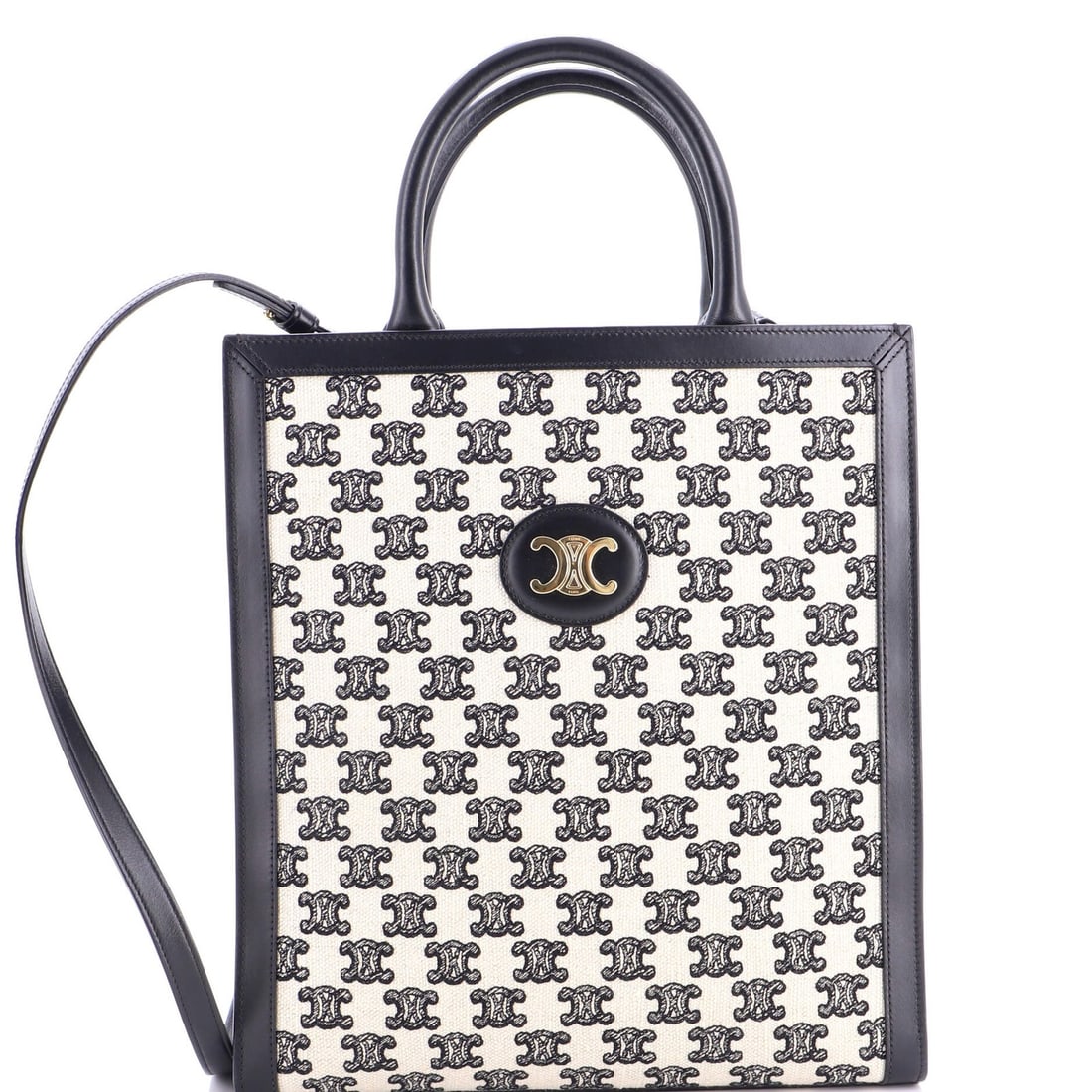 Vertical Cabas Embroidered Leather Canvas Tote Small: Vertical Cabas Embroidered Leather Canvas Tote Small Small Vertical Cabas Embroidered Leather Canvas Tote with gold hardware, featuring a classic black exterior and neutral interior, this small tote