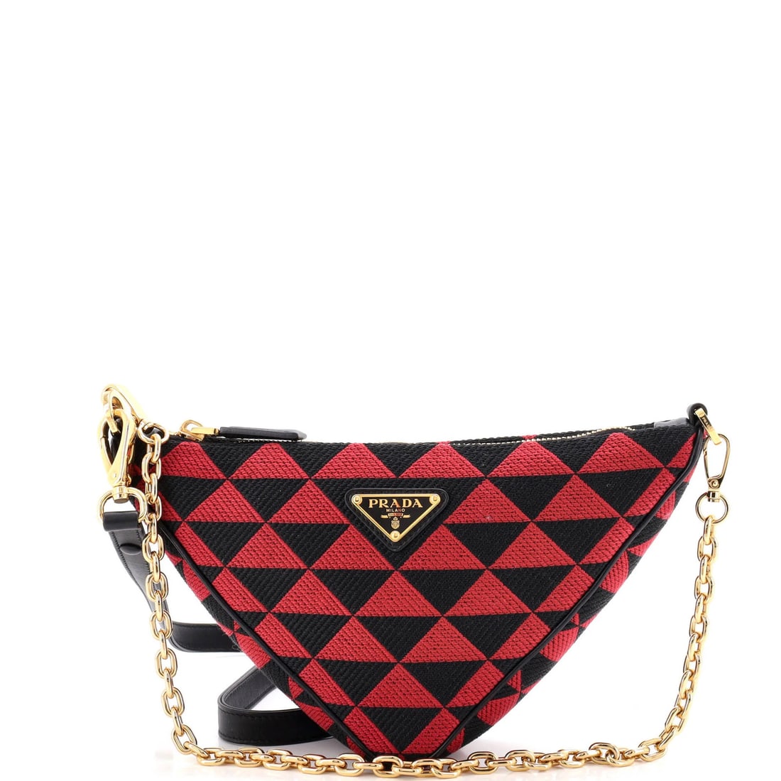 Prada Symbole Triangle Bag Leather and Jacquard Mini: Prada Symbole Triangle Bag Leather and Jacquard Mini Burgundy Prada Symbole Triangle Bag Leather and Jacquard Mini, a stylish and versatile mini shoulder bag, boasts a unique combination of Jacquard