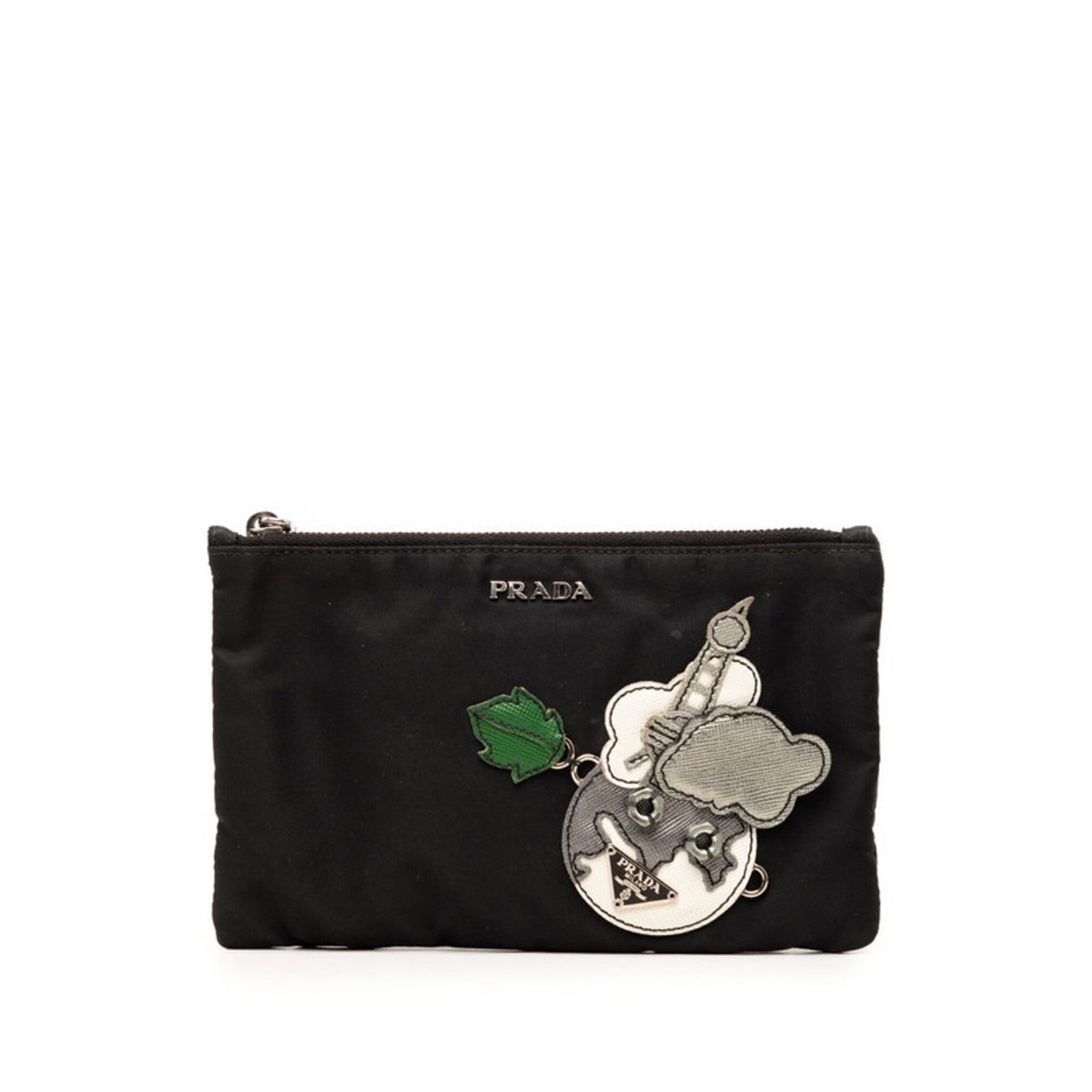 Pouch Handbag Nylon Leather: Pouch Handbag Nylon Leather Saffiano leather construction adds durability to this Prada nylon leather pouch handbag, featuring a sleek black and multi-color design. The compact size makes it ideal for
