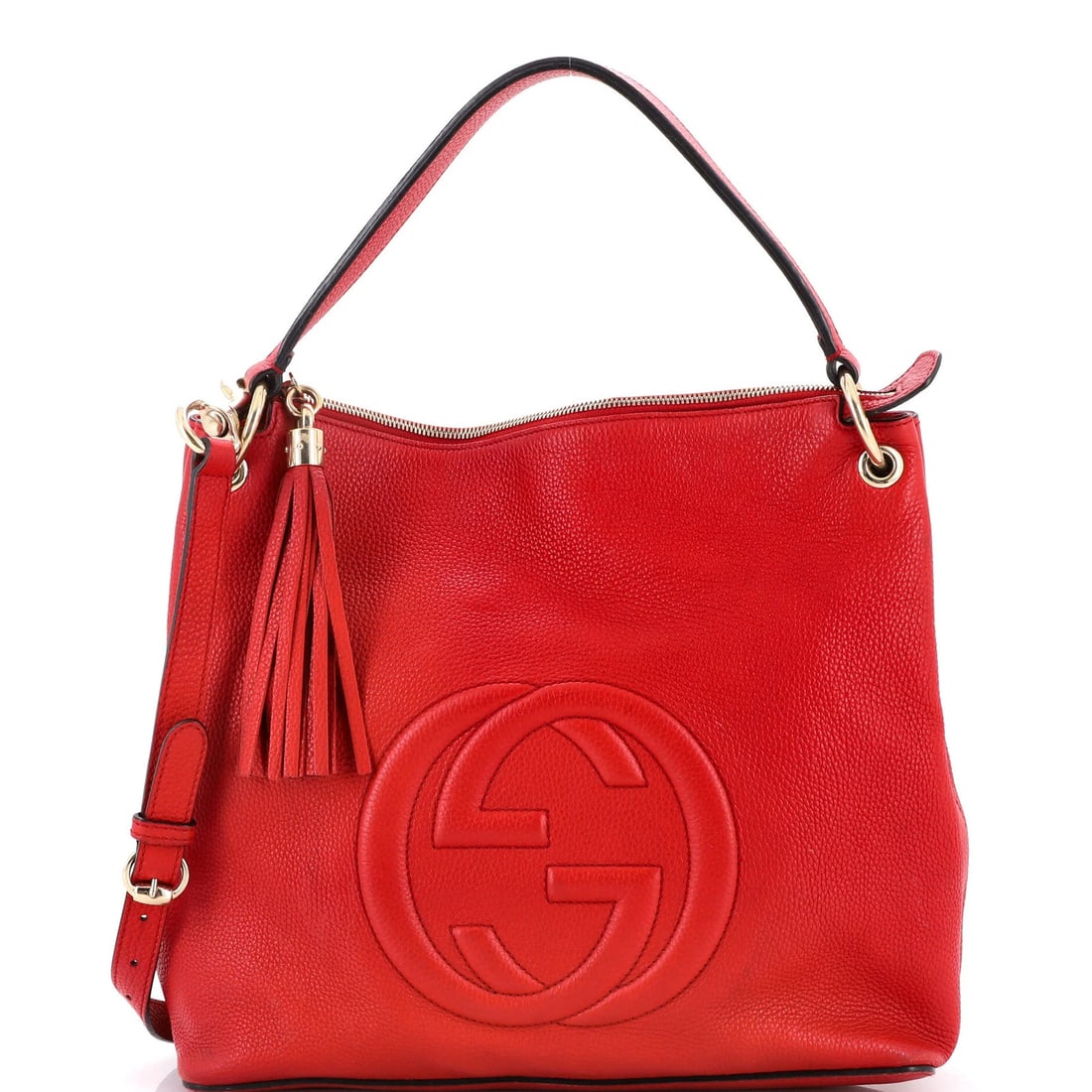 Large Leather Convertible Hobo Gucci Soho: Large Leather Convertible Hobo Gucci Soho Red Leather Large Soho Convertible Hobo Gucci Bag with Gold Tone Hardware, featuring a spacious interior with neutral fabric lining and a sturdy gold tone str