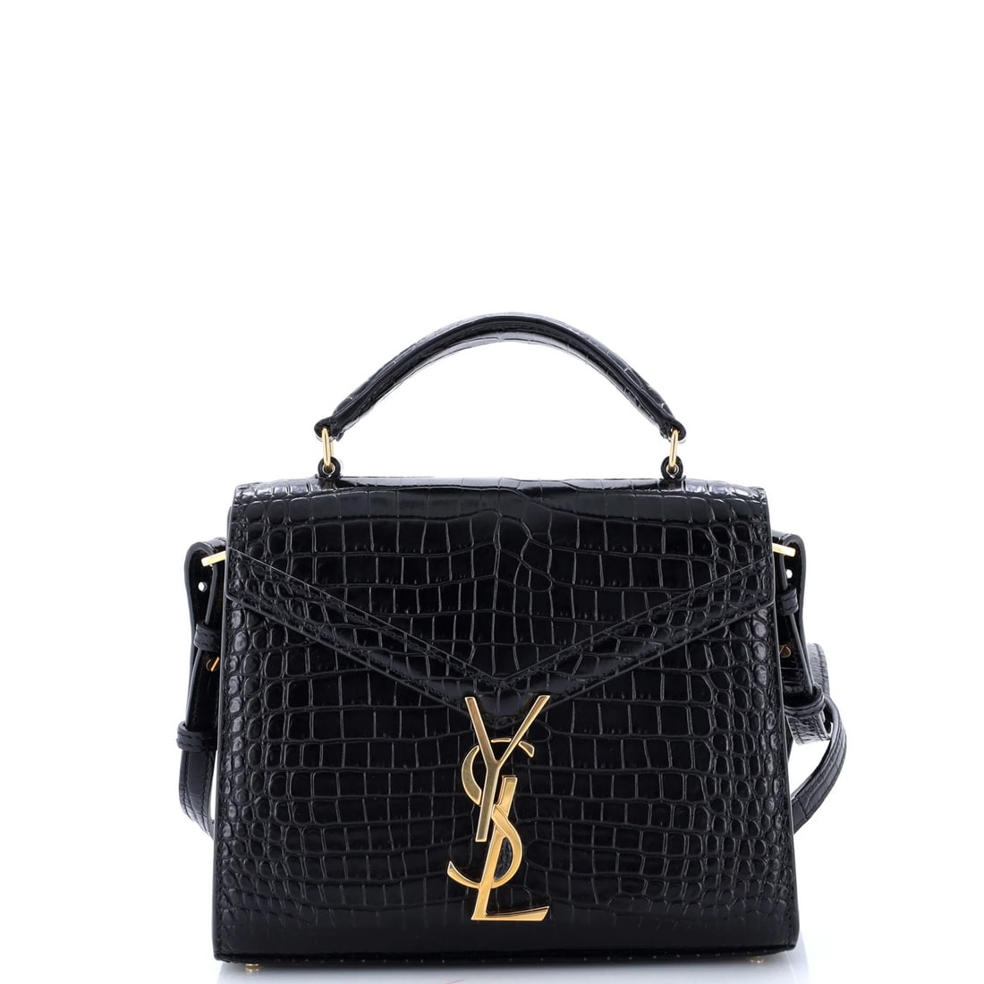 Crocodile Embossed Leather Mini Top Bag Saint Laurent Cassandra: Crocodile Embossed Leather Mini Top Bag Saint Laurent Cassandra Black Crocodile Embossed Leather Mini Top Bag with Gold Hardware, measuring 6.5" tall, 7.5" wide, and 3" deep, features a scuffed