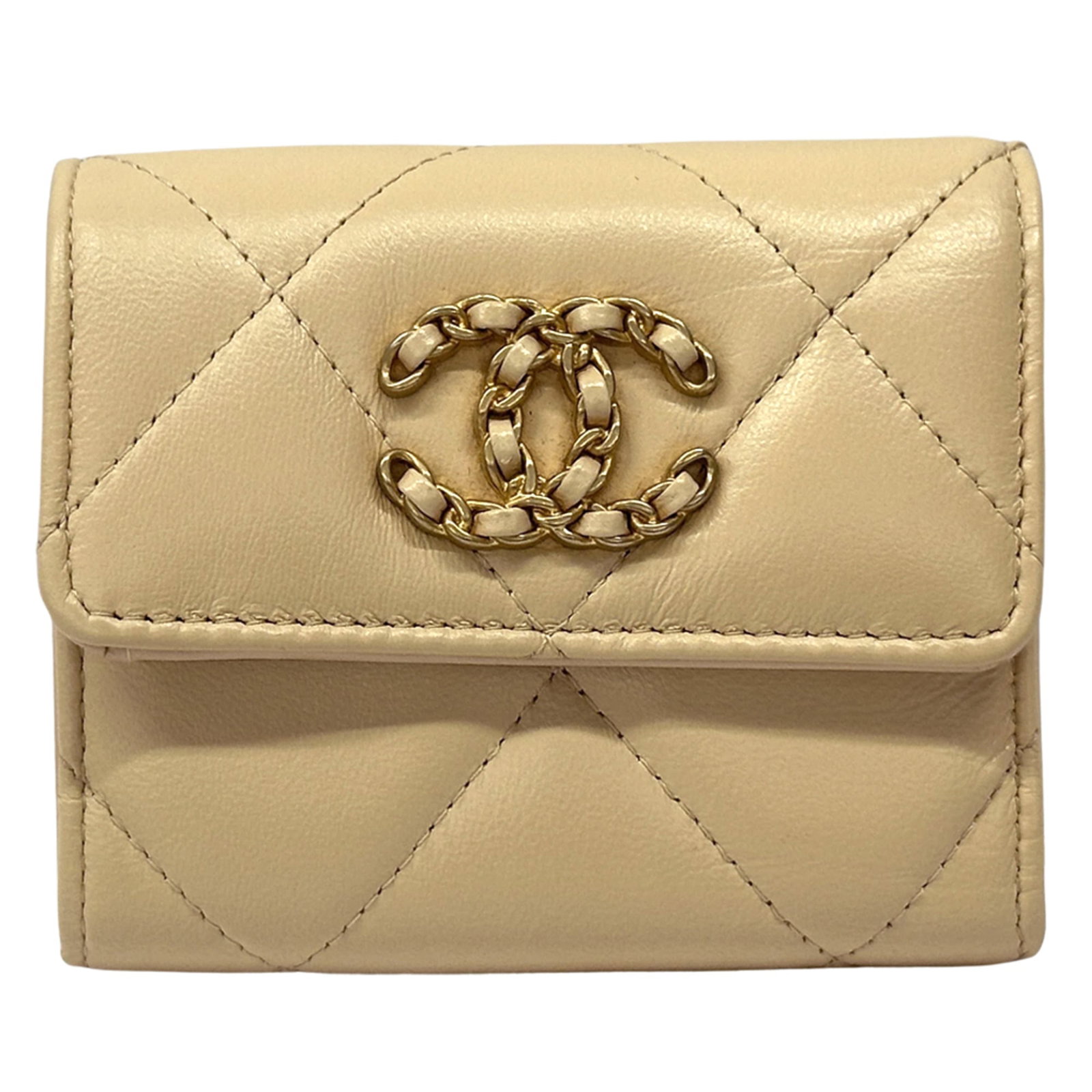 Chanel Wallet (Bi-Fold) Leather: Chanel Wallet (Bi-Fold) Leather Chanel's iconic bi-fold wallet is crafted from high-quality leather, featuring a timeless beige gold color that exudes elegance. Measuring 8.5cm x 10.5cm x 3.5cm, this 