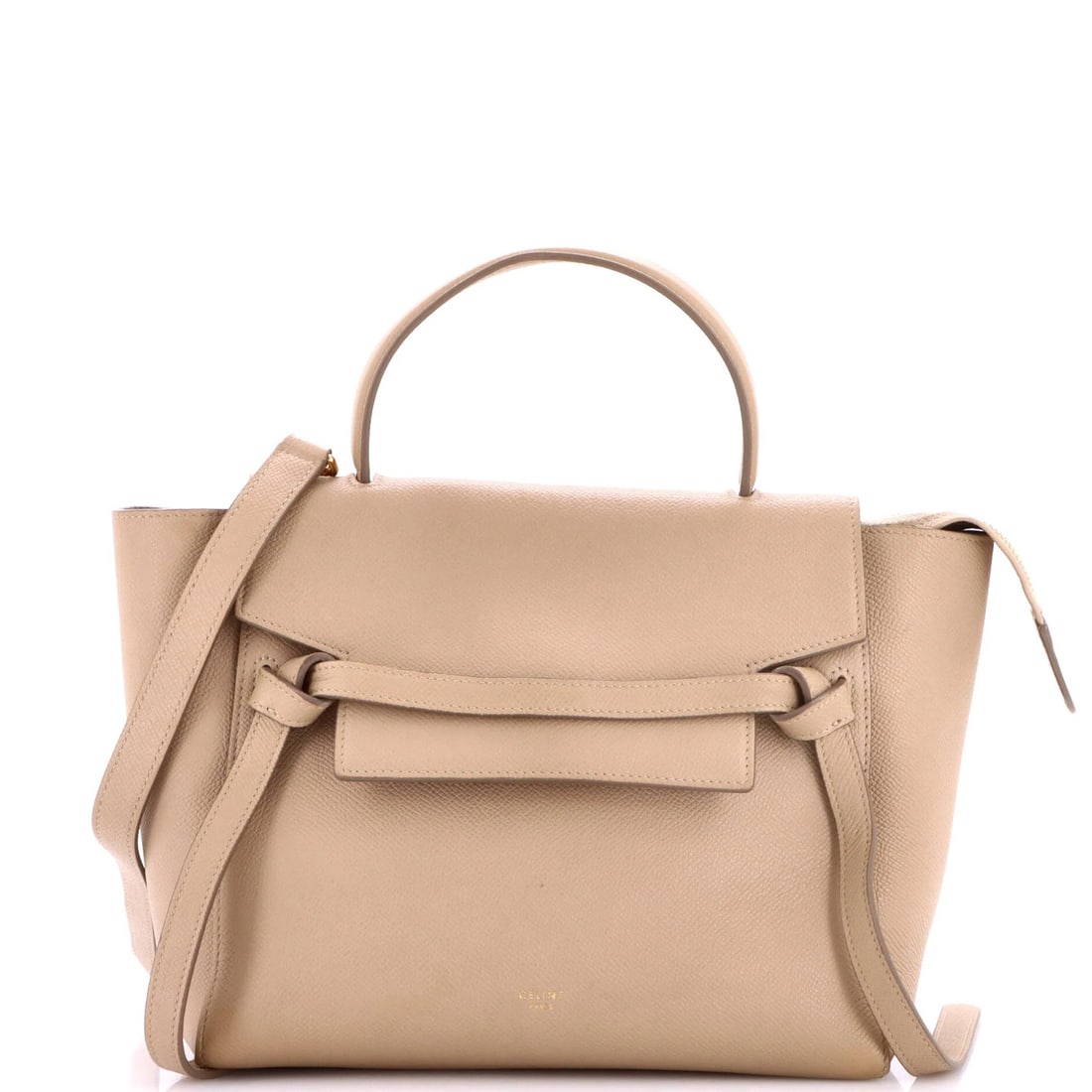 Textured Leather Belt Bag Celine Micro: Textured Leather Belt Bag Celine Micro This textured leather Celine Micro belt bag boasts a neutral exterior and suede interior, featuring aged gold hardware. The bag's micro size and top handle make