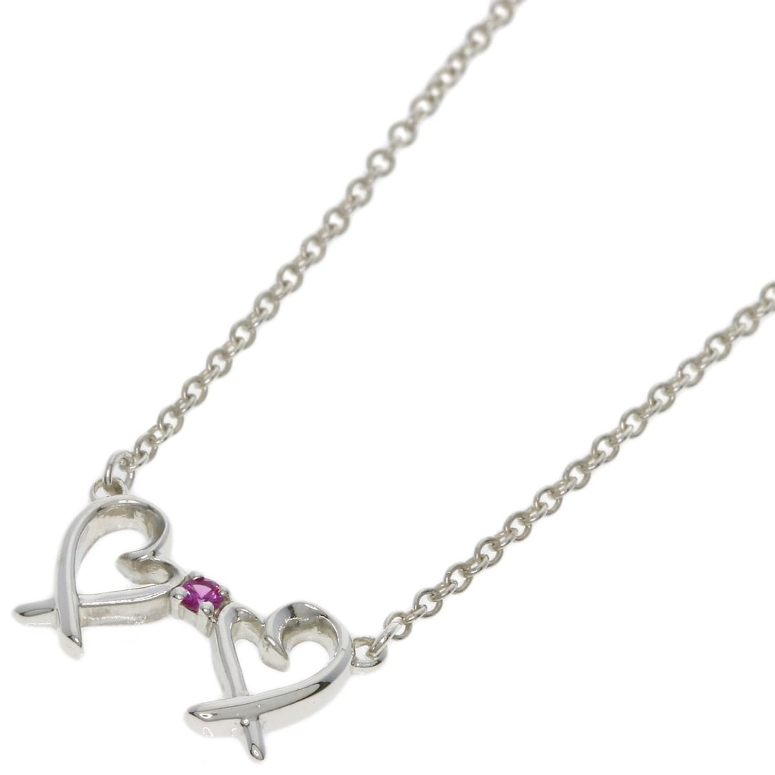 Tiffany&Co. Double Loving Heart Pink Sapphire Necklace Silver: Tiffany&Co. Double Loving Heart Pink Sapphire Necklace Silver Tiffany&Co.'s Double Loving Heart Pink Sapphire Necklace is a stunning silver piece featuring a unique design. This 16.1-inch long