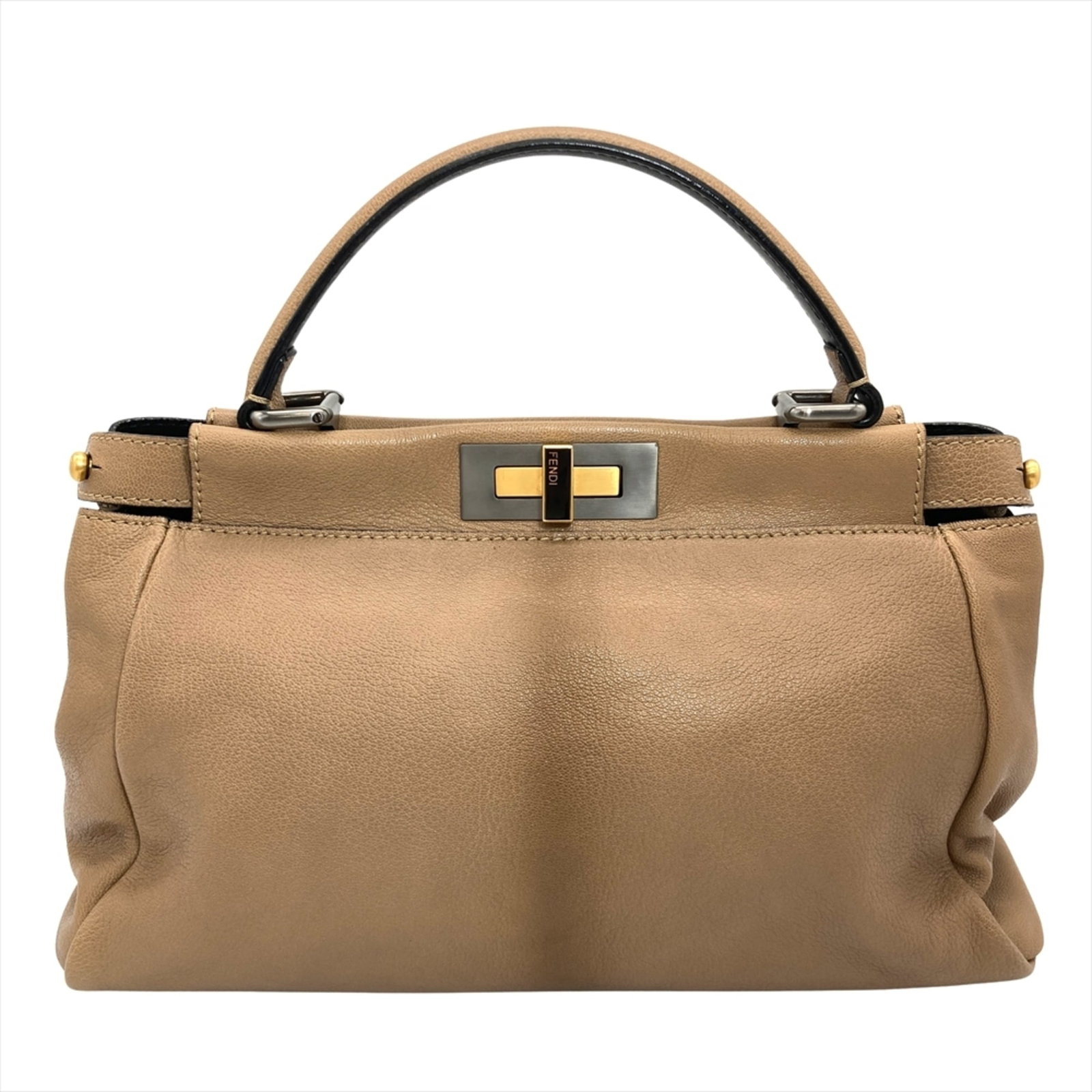 Handbag Leather Fendi: Handbag Leather Fendi Camel-colored leather handbag from Fendi, featuring gold and silver hardware, with a size of 22cm x 33cm x 12cm. This Italian-made handbag boasts a classic design, combining