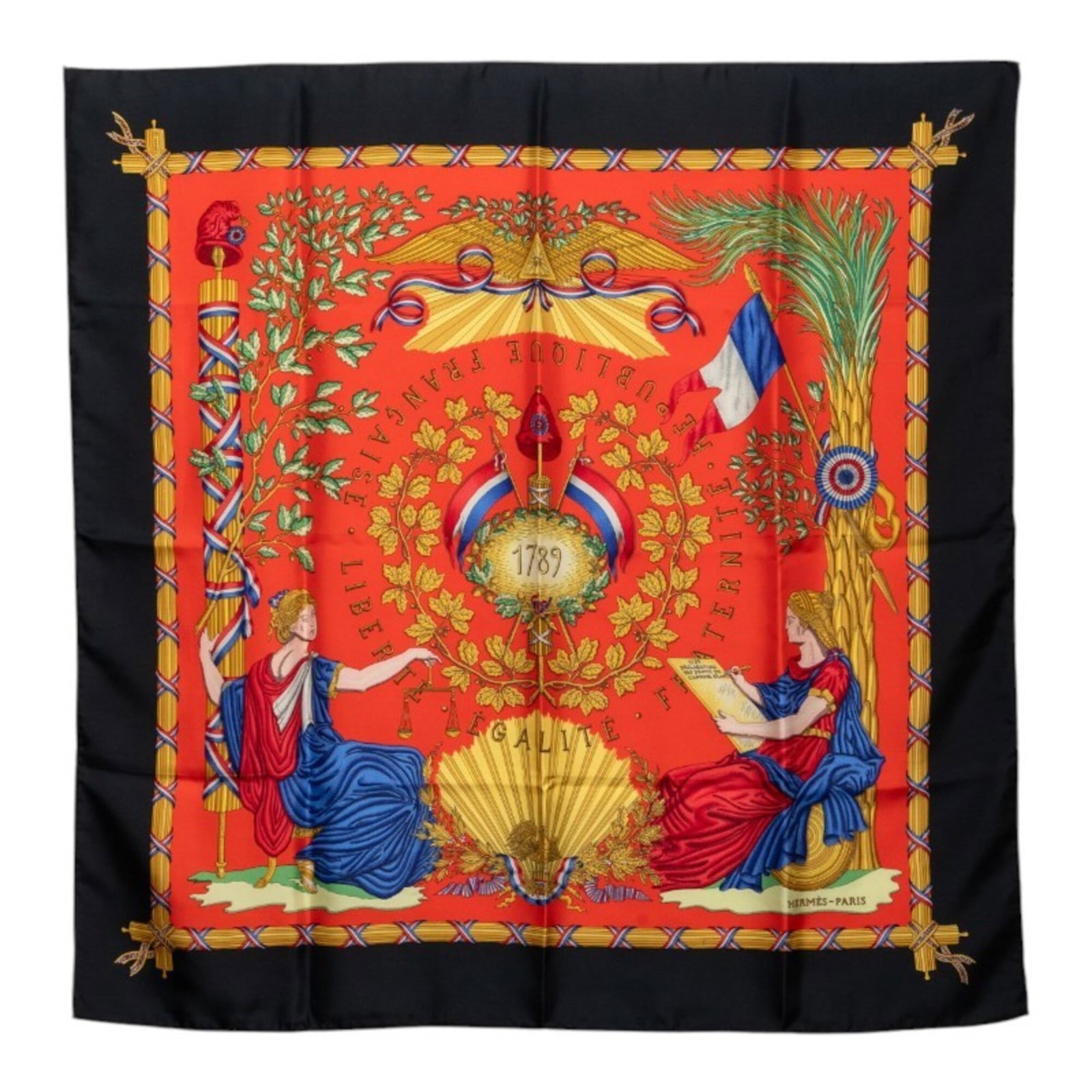 Silk Hermes Scarf: Silk Hermes Scarf Silk from the renowned French fashion house, this black and red silk scarf measures 87cm x 88cm, showcasing the iconic style of Hermes. Made from high-quality silk, its elegant