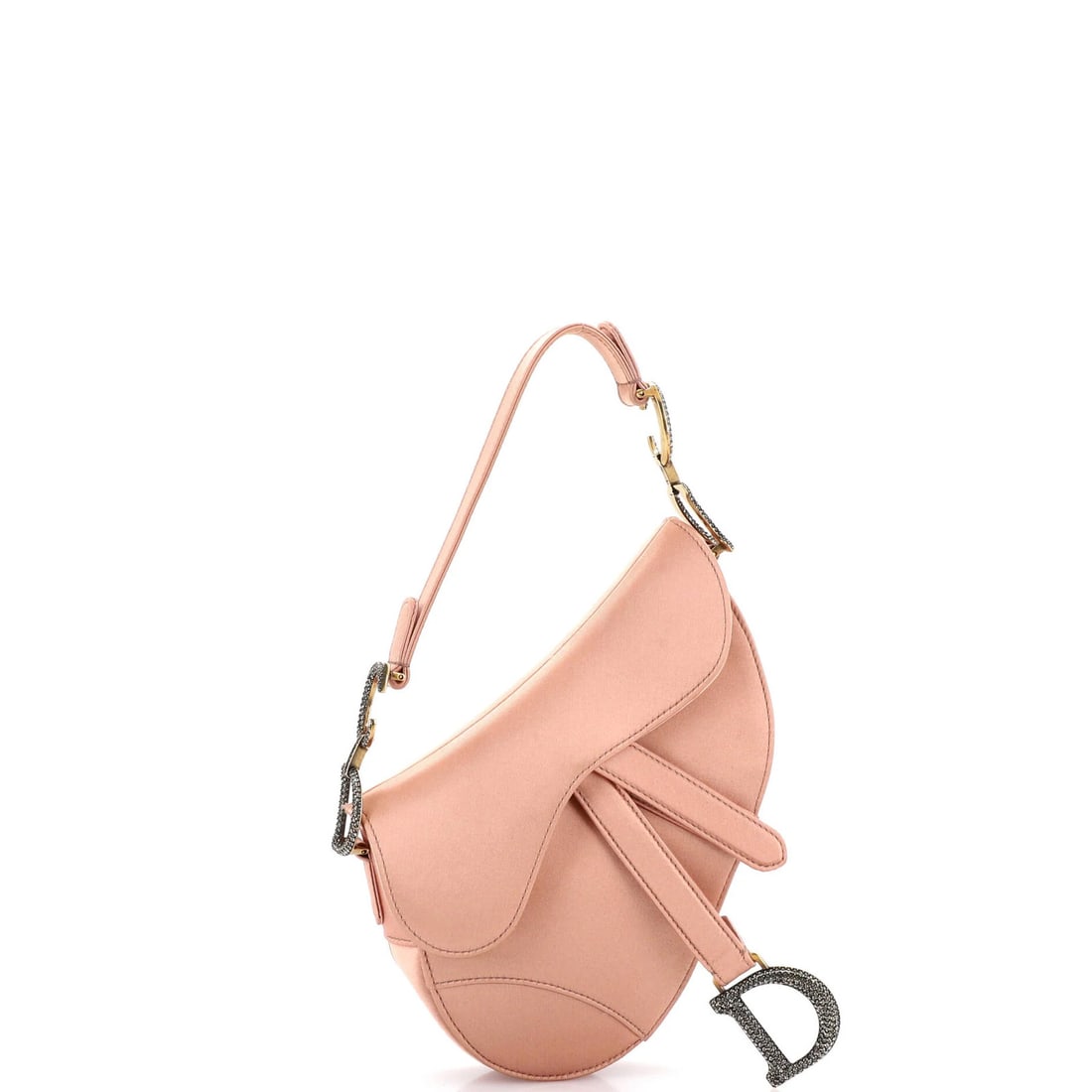 Saddle Handbag Satin with Crystals Mini Christian Dior: Saddle Handbag Satin with Crystals Mini Christian Dior Saddle Handbag Satin with Crystals Mini Christian Dior features a stunning rose gold satin exterior adorned with crystals, making it a standout