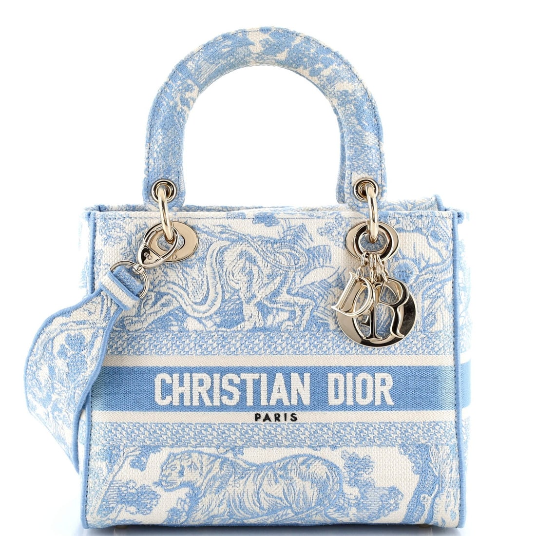Lady Dior Toile de Jouy Christian D-Lite Embroidered Canvas Bag: Lady Dior Toile de Jouy Christian D-Lite Embroidered Canvas Bag Blue Toile de Jouy Lady Dior Embroidered Canvas Bag with Gold Hardware. This canvas tote features a striking blue exterior with