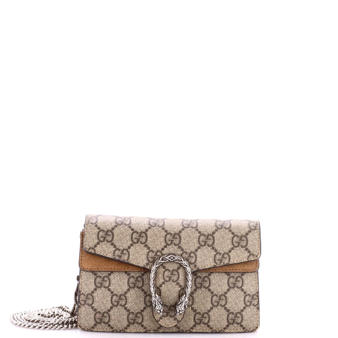 Coated Canvas GG Dionysus Super Mini Gucci Bag: Coated Canvas GG Dionysus Super Mini Gucci Bag Coated Canvas GG Dionysus Super Mini Gucci Bag for sale. This super mini Dionysus bag features a brown coated canvas exterior, suede interior, and aged s