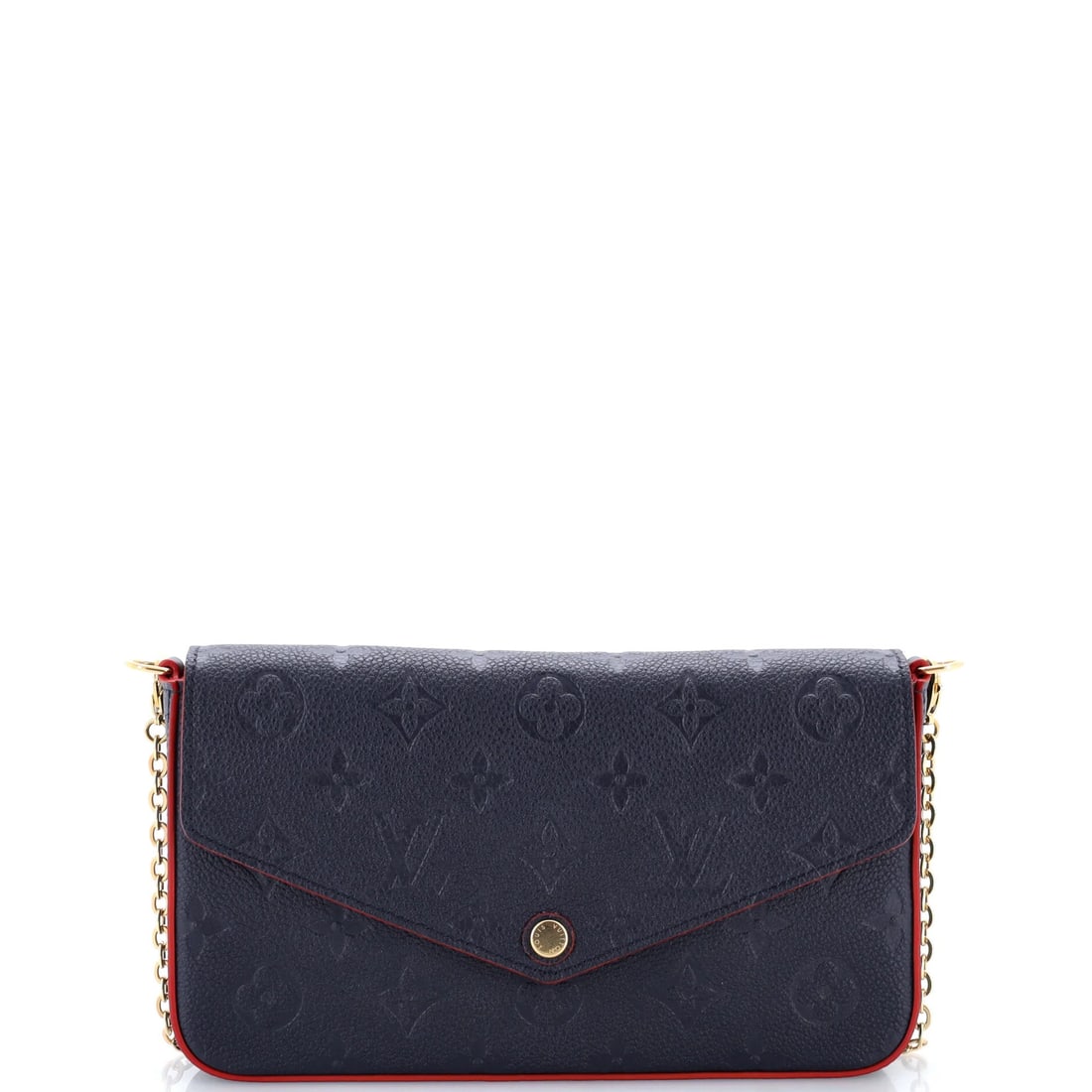 Monogram Empreinte Leather Louis Vuitton Felicie Pochette: Monogram Empreinte Leather Louis Vuitton Felicie Pochette The Louis Vuitton Felicie Pochette in Monogram Empreinte Leather is a stylish cross body bag with a rich blue exterior and red interior.
