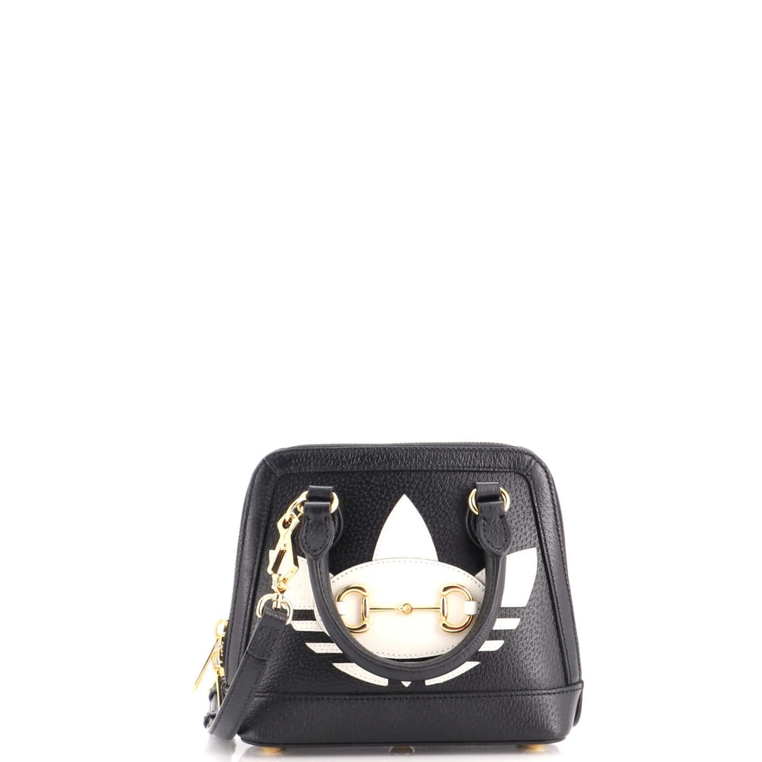 Horsebit Leather Bag with Gucci Applique Top Handle 1955 Adidas: Horsebit Leather Bag with Gucci Applique Top Handle 1955 Adidas Black Horsebit Leather Bag with Gucci Applique Top Handle. This 1955 Adidas bag features a classic design with a Gucci applique top