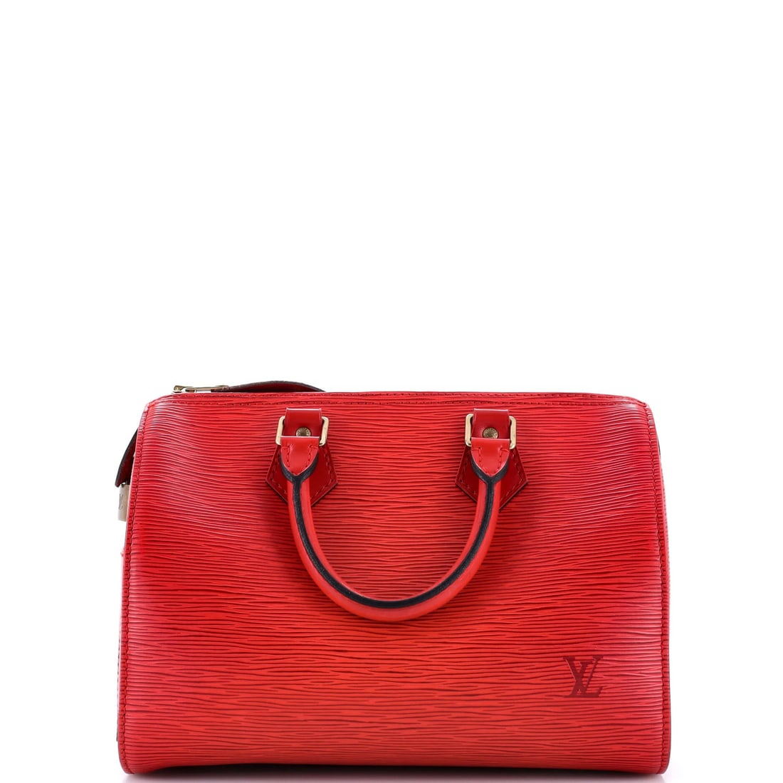 Vuitton Leather Epi Handbag Louis Speedy 25: Vuitton Leather Epi Handbag Louis Speedy 25 Red Louis Vuitton Epi Leather Speedy 25 Handbag with Gold Hardware. This classic Speedy 25 handbag features a striking red exterior with gold hardware, comp
