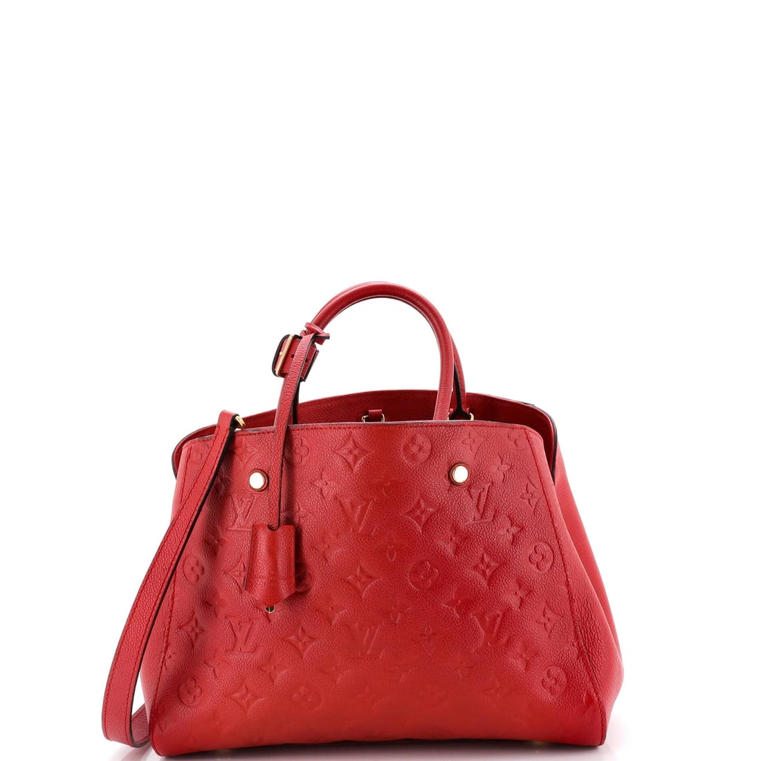 Louis Vuitton Montaigne Handbag Monogram Empreinte Leather MM: Louis Vuitton Montaigne Handbag Monogram Empreinte Leather MM Touched up base corners and opening edge, this Louis Vuitton Montaigne Handbag Monogram Empreinte Leather MM features a striking red exter