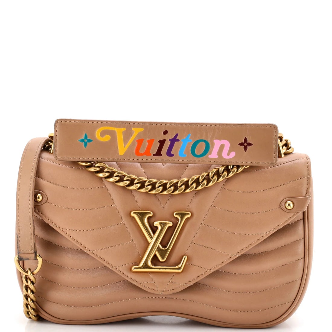 Leather MM Quilted Chain Bag Louis Vuitton New: Leather MM Quilted Chain Bag Louis Vuitton New Neutral-colored Louis Vuitton MM Quilted Chain Bag features a quilted leather exterior with a chain-link strap and aged gold hardware. The bag measures 6