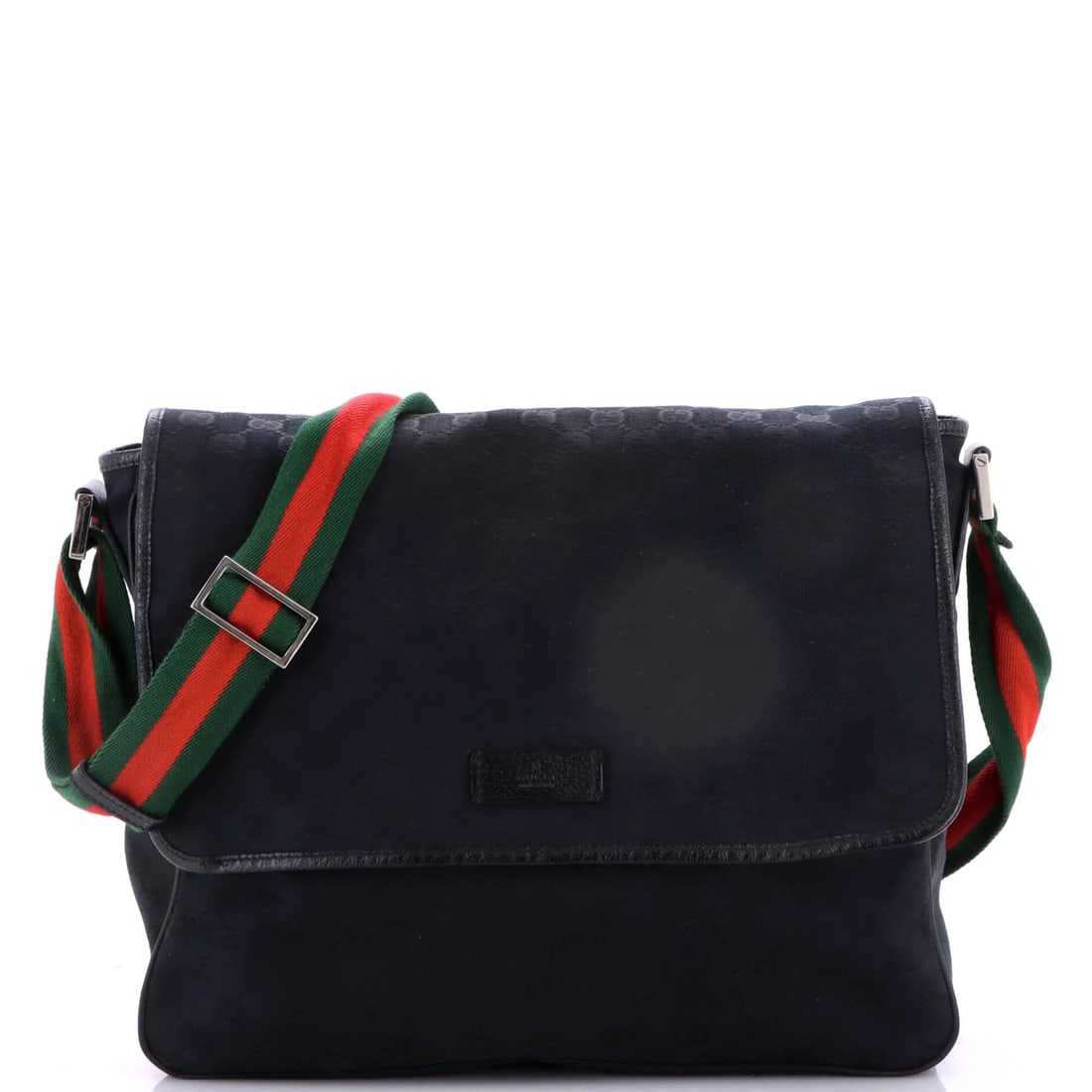 GG Canvas Medium Strap Flap Gucci Web Messenger: GG Canvas Medium Strap Flap Gucci Web Messenger Canvas medium strap flap Gucci web messenger bag in black, featuring a classic messenger style with a web strap and flap closure. The bag measures 11"