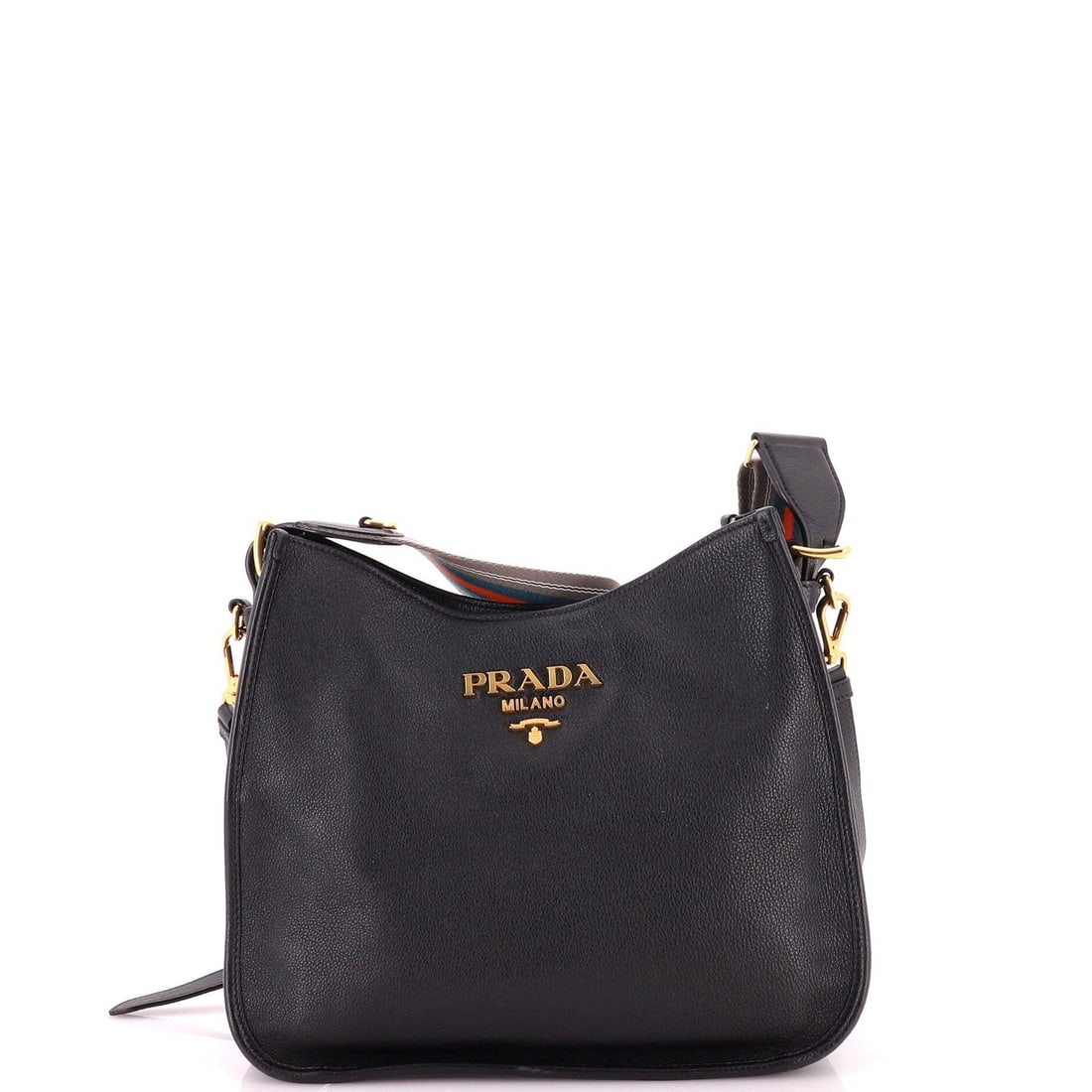 Vitello Daino Medium Prada Strap Hobo Dual: Vitello Daino Medium Prada Strap Hobo Dual Black Vitello Daino Medium Prada Strap Hobo Dual with a classic design, featuring a medium size and dual strap configuration. The exterior leather has minor 