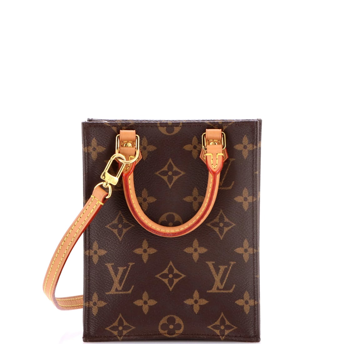 Sac Bag Monogram Canvas Petit Louis Vuitton: Sac Bag Monogram Canvas Petit Louis Vuitton Brown canvas coated Louis Vuitton Petit Sac Plat bag with gold hardware, featuring a classic monogram canvas design. This cross body bag has a handle drop o
