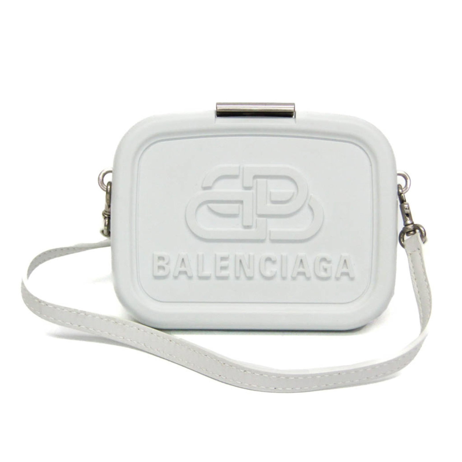 Bag Leather Plastic Balenciaga Shoulder: Bag Leather Plastic Balenciaga Shoulder White Balenciaga Lunchbox Mini Case features a unique combination of plastic and leather materials, with a signature that bears a mark. The bag measures 9.5cm x