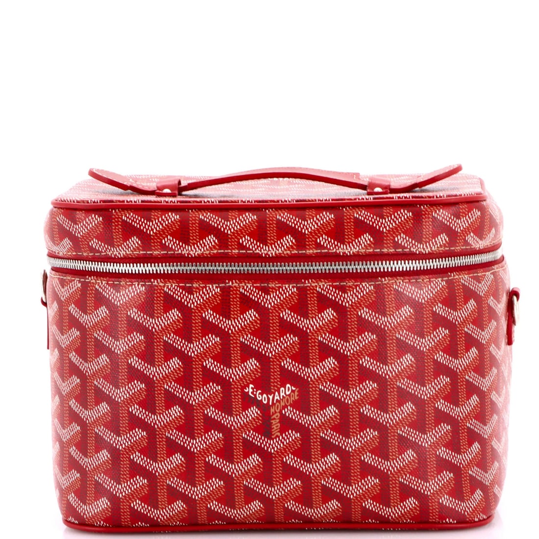 Muse Coated Canvas Vanity Case Goyard: Muse Coated Canvas Vanity Case Goyard Red Goyard Muse Coated Canvas Vanity Case with Mirror and Strap, featuring a vibrant exterior and contrasting yellow interior, measures 6" x 7.5" x 5.5" and comes
