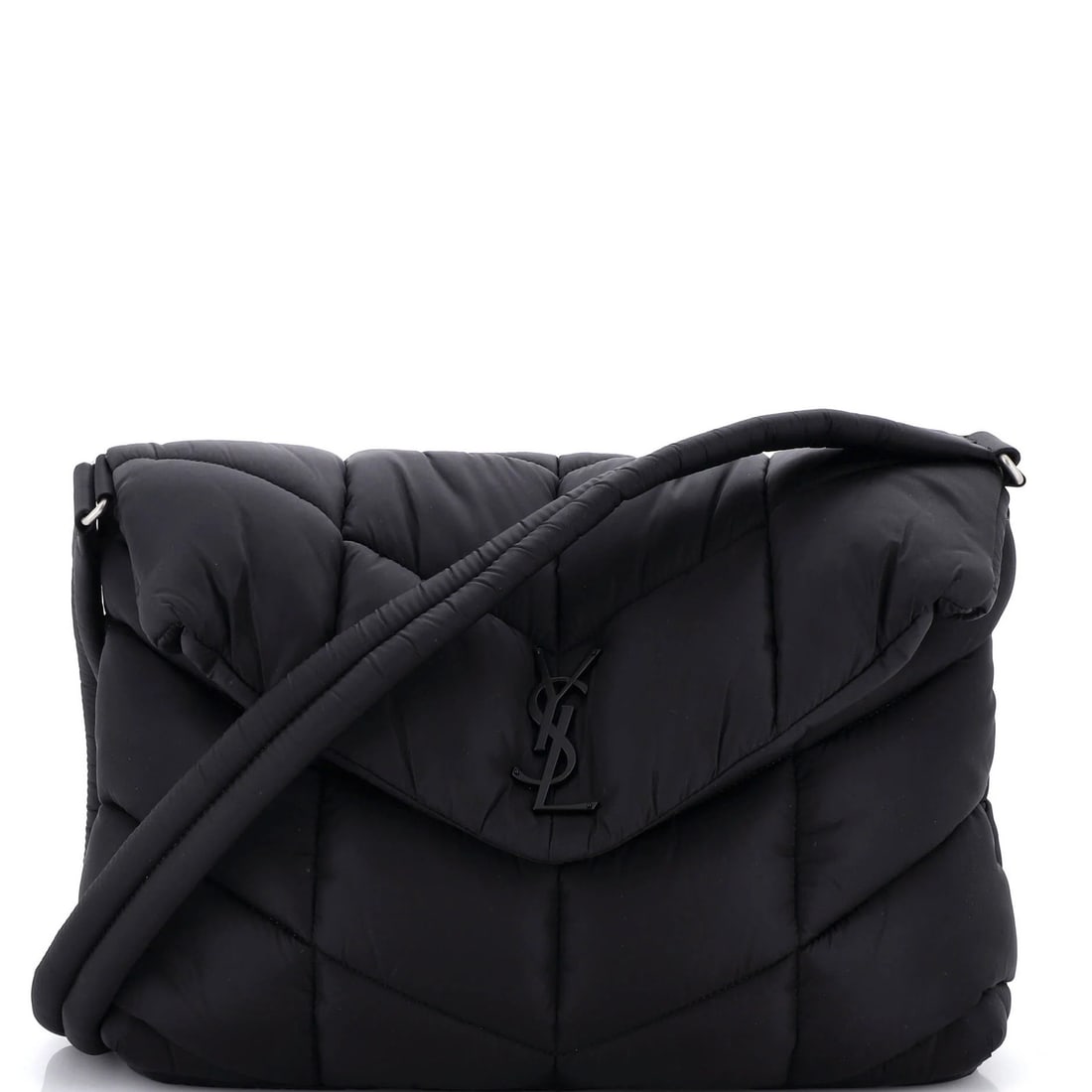 Econyl Quilted Puffer Messenger Bag Loulou Saint Laurent: Econyl Quilted Puffer Messenger Bag Loulou Saint Laurent Black quilted Econyl exterior, silver and black hardware, and a classic Saint Laurent design make this Loulou Puffer Messenger Bag a stylish