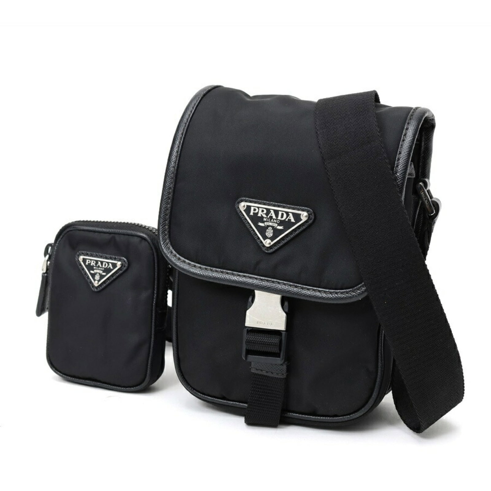 Shoulder Bag Nylon Leather Prada: Shoulder Bag Nylon Leather Prada Saffiano leather and nylon blend make this Prada shoulder bag durable and stylish. Measuring 19cm x 14cm x 5cm, it features a sleek black and Nero color combination. T