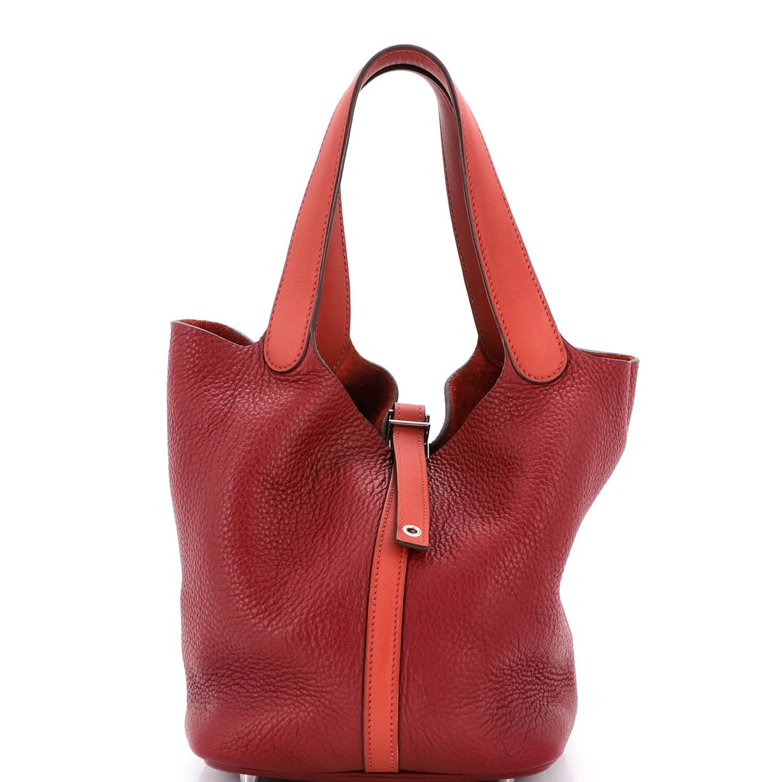 Picotin Lock Bag Bicolor Clemence MM Hermes: Picotin Lock Bag Bicolor Clemence MM Hermes Red Picotin Lock Bag Bicolor Clemence MM features a striking exterior in red leather, complemented by palladium hardware. The bag's interior is made of raw
