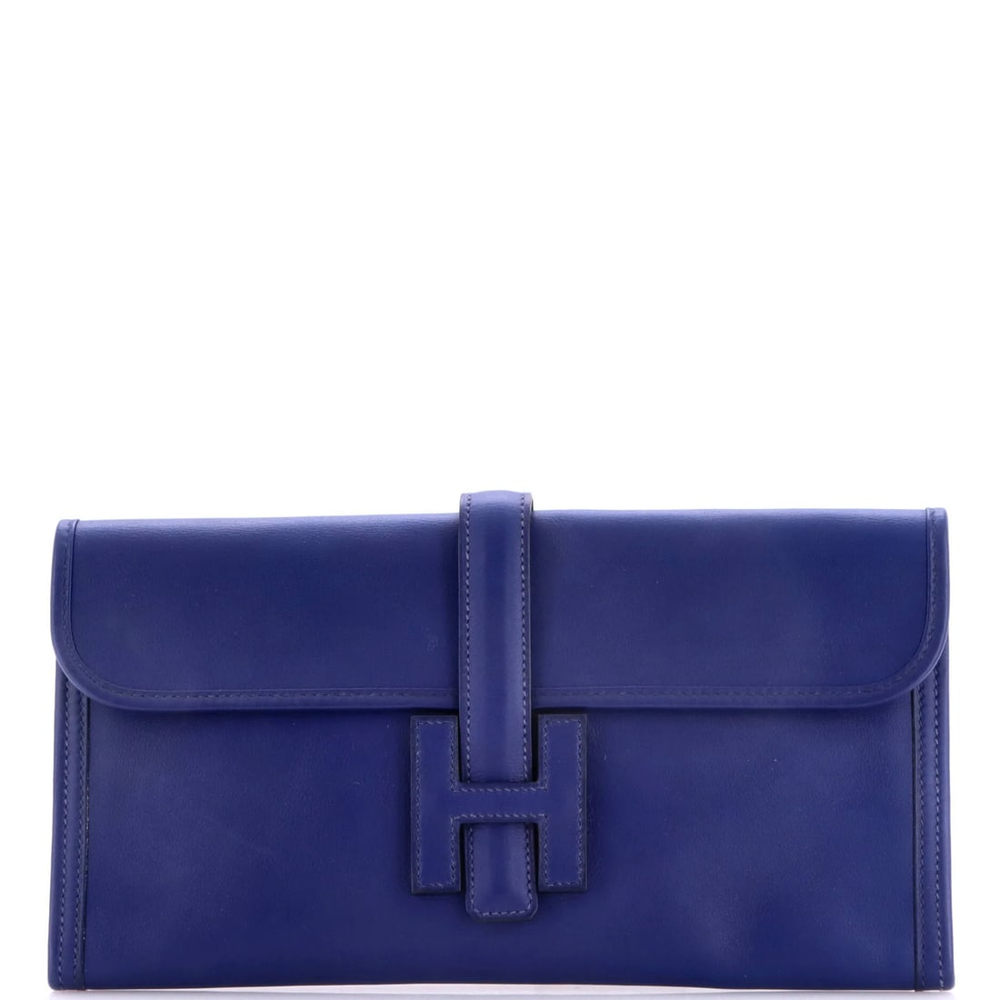 Swift Hermes Jige Elan Clutch: Swift Hermes Jige Elan Clutch Swift Hermes Jige Elan Clutch in vibrant blue leather, featuring a sleek 6" height and 11" width, making it a stylish and compact accessory. The exterior showcases