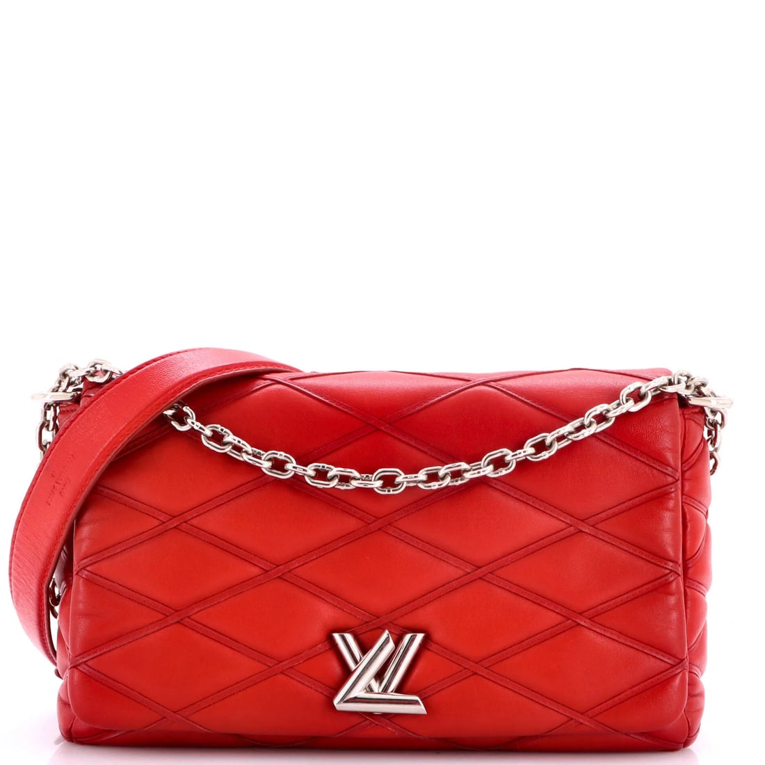 Louis Vuitton GO-14 Handbag Malletage Leather MM: Louis Vuitton GO-14 Handbag Malletage Leather MM The Louis Vuitton GO-14 Handbag Malletage Leather MM is a bold, red shoulder bag with a classic design. With its sturdy leather exterior and silver