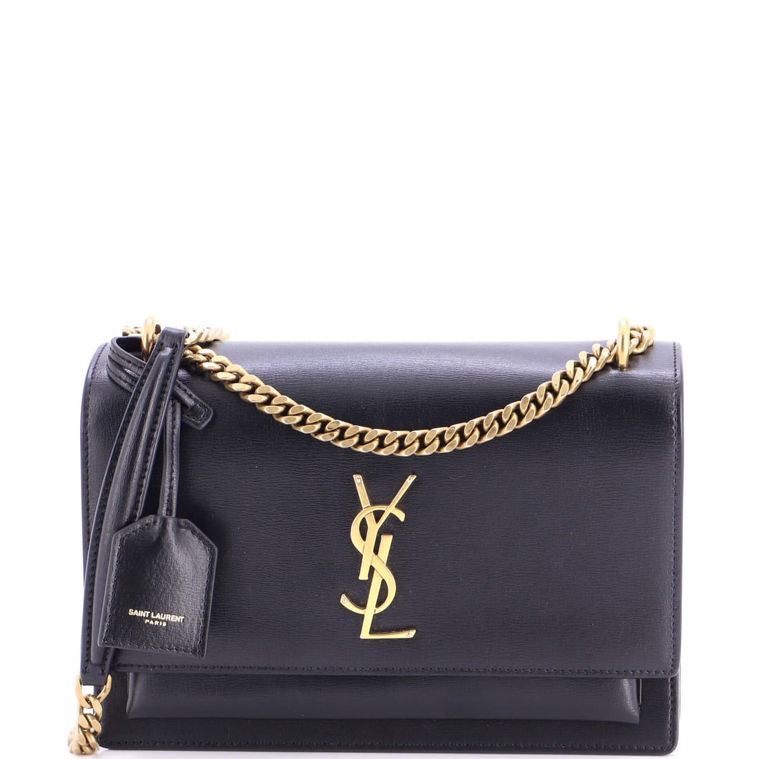 Leather Medium Saint Laurent Crossbody Bag Sunset: Leather Medium Saint Laurent Crossbody Bag Sunset Black leather medium Saint Laurent crossbody bag with suede interior, featuring a classic design and aged gold hardware. The bag measures 7" tall,