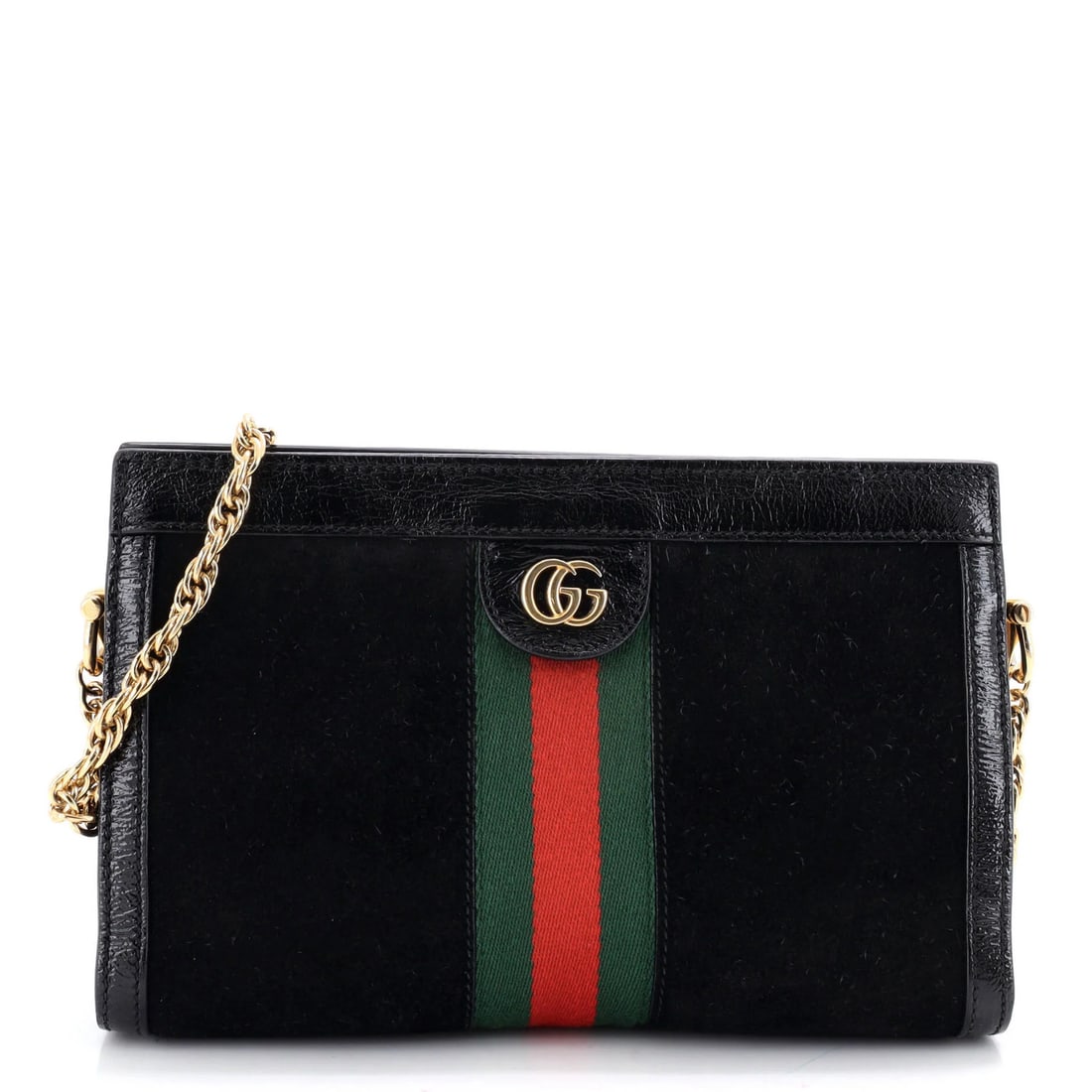 Chain Gucci Ophidia Small Suede Bag: Chain Gucci Ophidia Small Suede Bag The Gucci Ophidia Small Suede Chain Shoulder Bag is a stylish and versatile accessory, featuring a sleek black suede exterior with a gold chain strap and satin