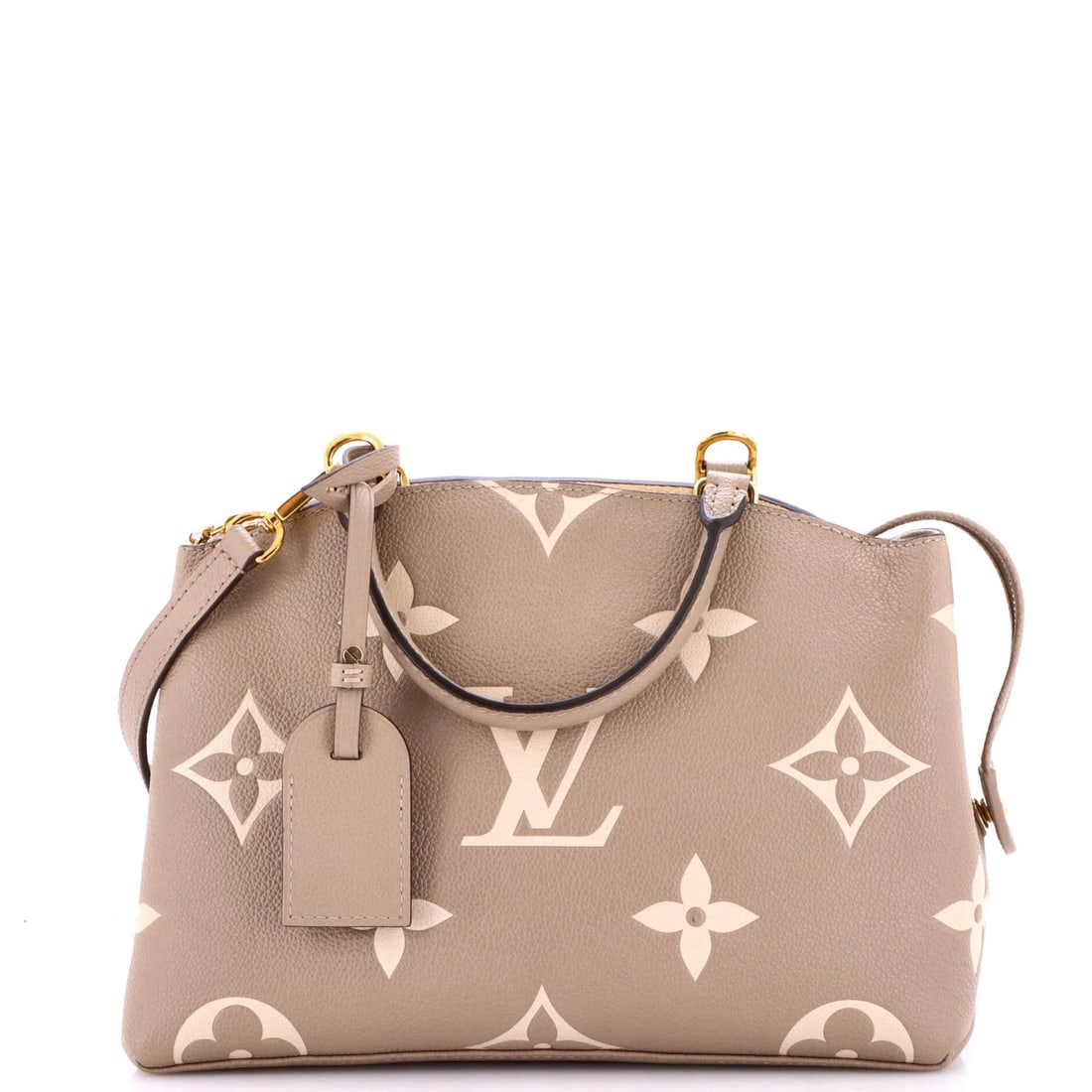 Louis Vuitton Petit Palais Handbag Bicolor Giant Monogram Empreinte: Louis Vuitton Petit Palais Handbag Bicolor Giant Monogram Empreinte The Louis Vuitton Petit Palais Handbag Bicolor Giant Monogram Empreinte features a neutral exterior with a Giant Monogram Empreinte