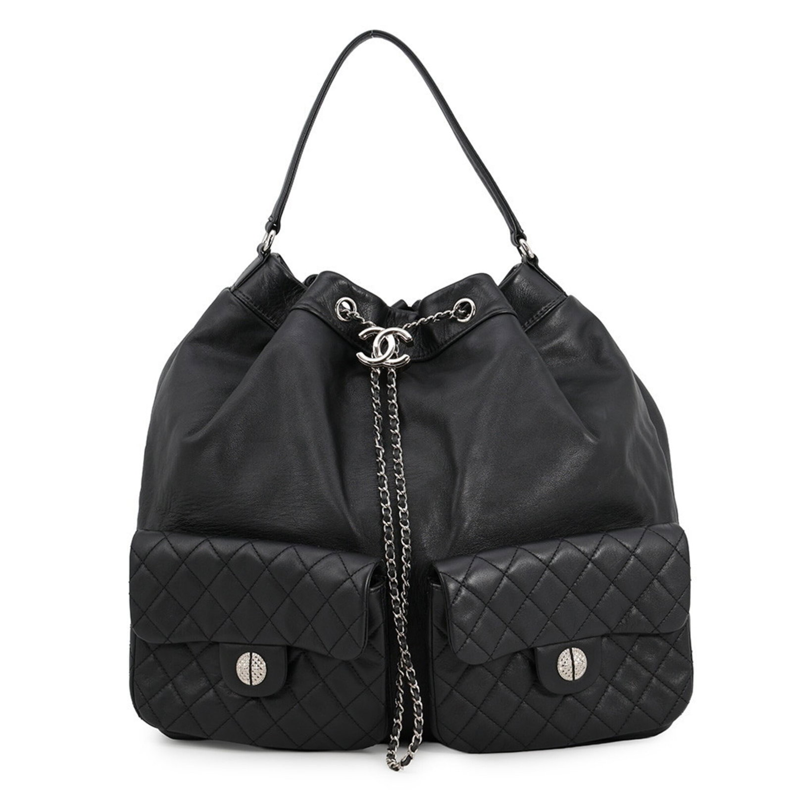 Backpack Leather By Chanel: Backpack Leather By Chanel The iconic Chanel Matelasse backpack is crafted from luxurious lambskin leather, featuring a sleek black finish and silver hardware. Measuring 32cm x 32cm x 16cm, this